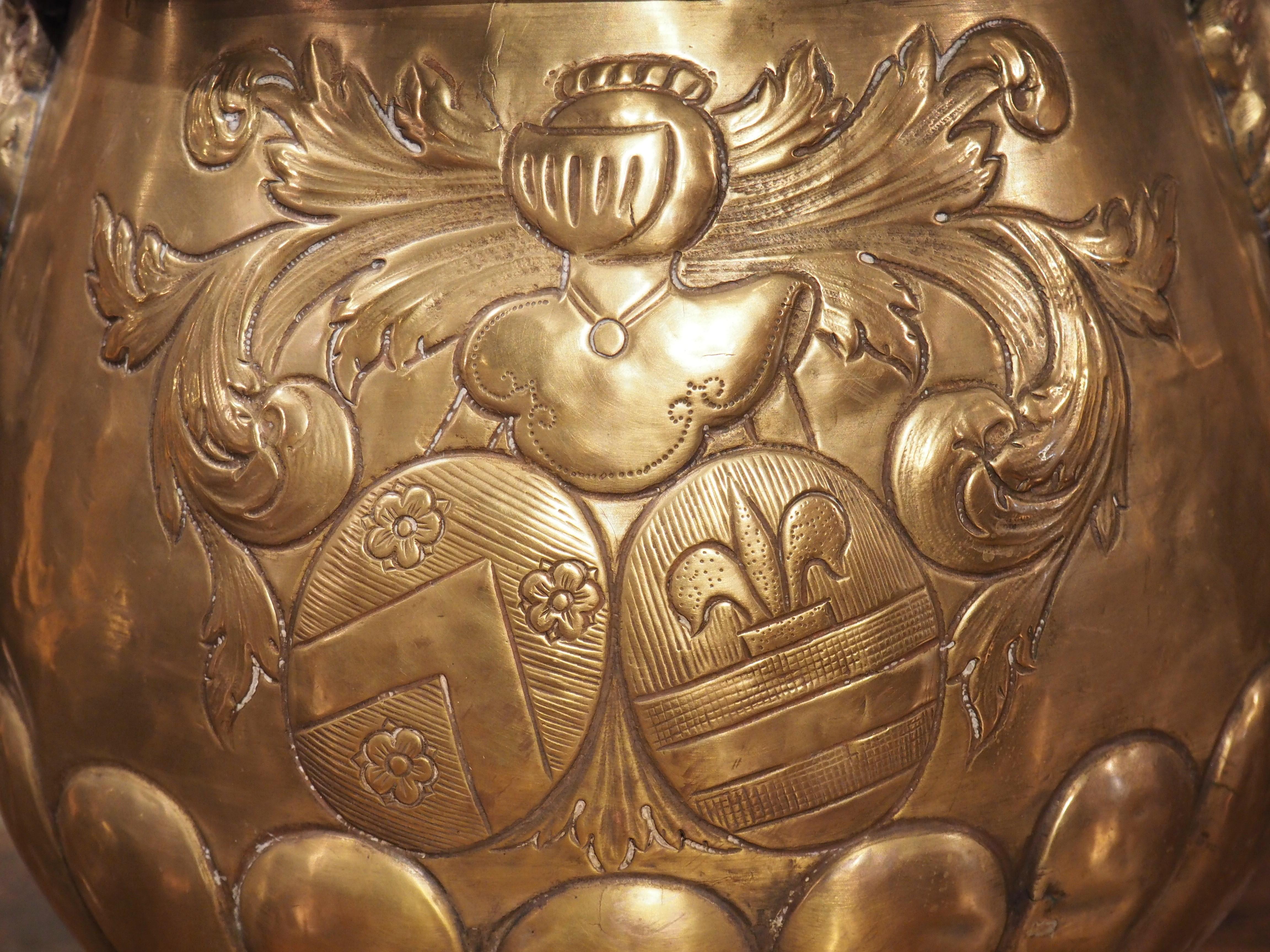 Repoussé 19th Century French Brass Repousse Cachepot with Coats of Arms and Lions For Sale
