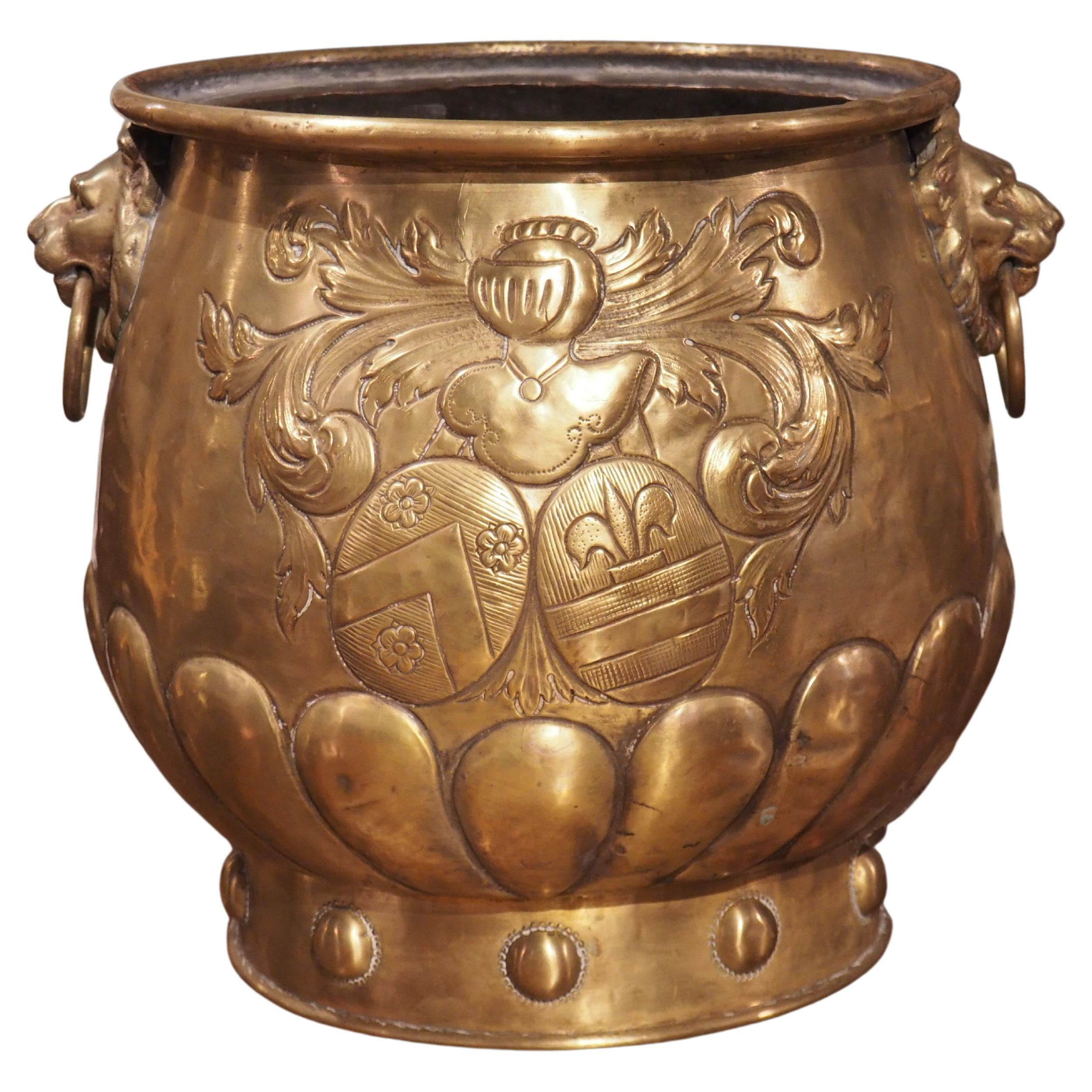 19th Century French Brass Repousse Cachepot with Coats of Arms and Lions