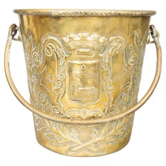 19th Century French Brass Repoussé Heraldic Fireplace Coal Bucket