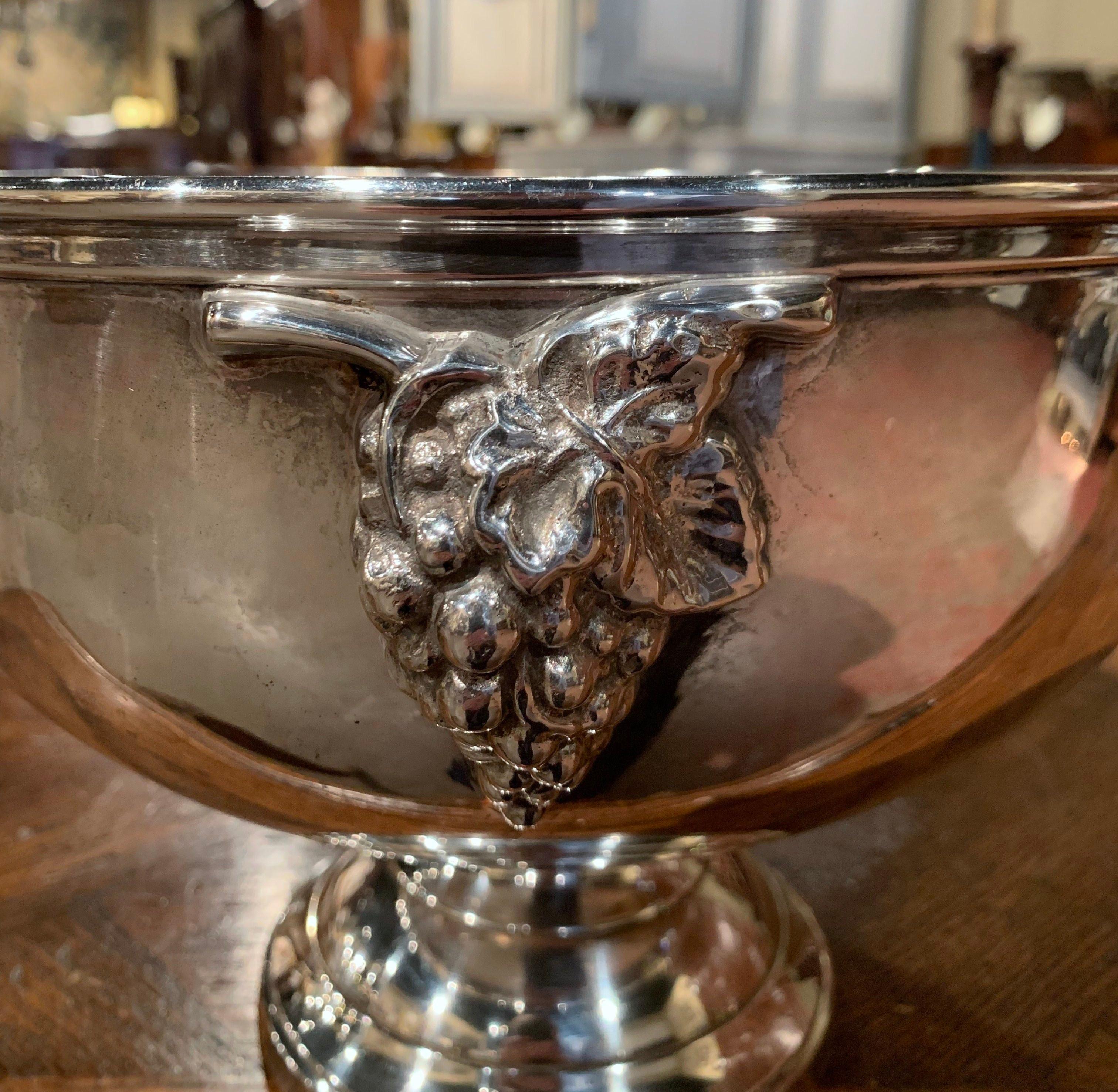  19th Century French Brass Silver Plated Champagne Bucket with Grape Decor In Excellent Condition In Dallas, TX