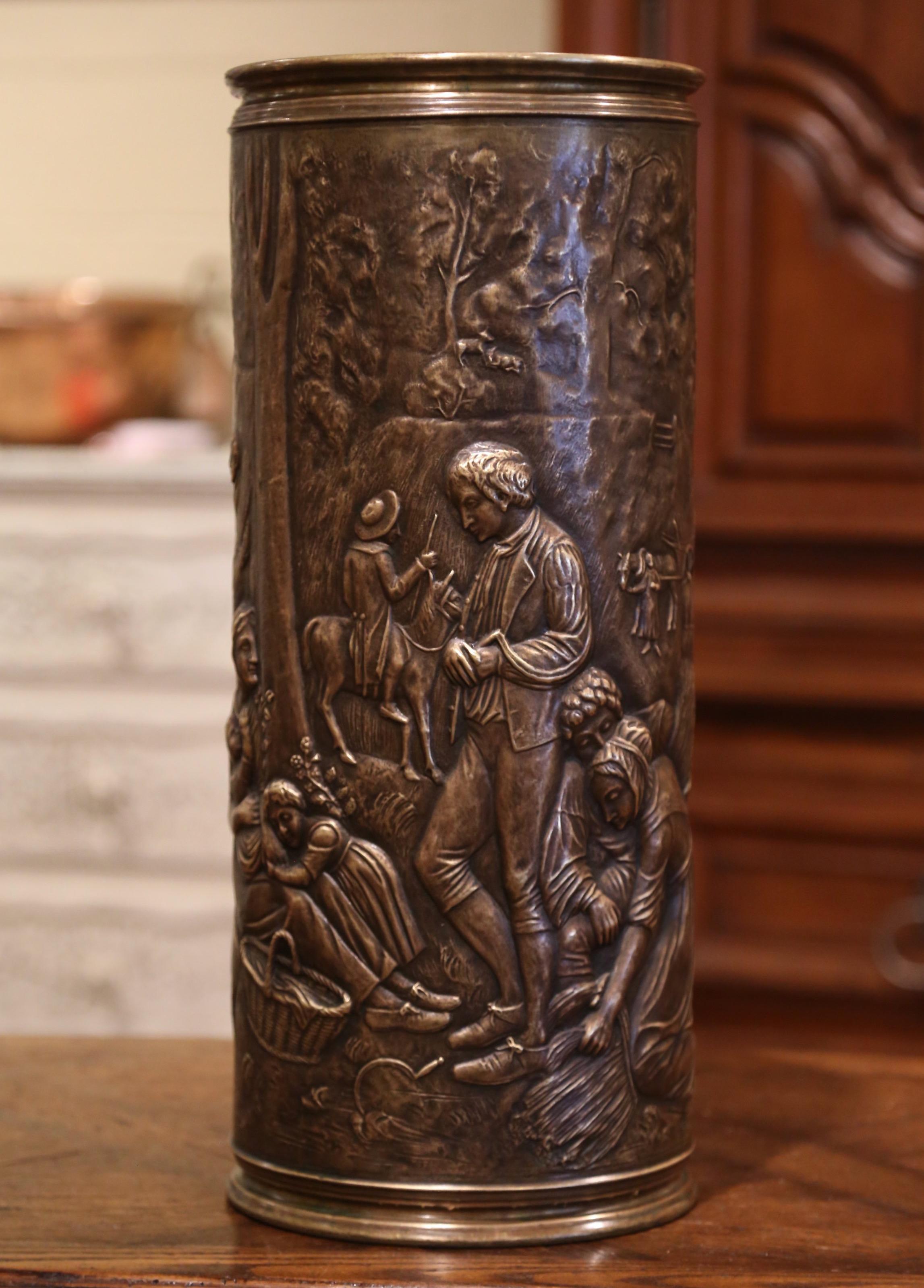 Napoleon III 19th Century French Brass Umbrella Stand with Repousse Pastoral Scene