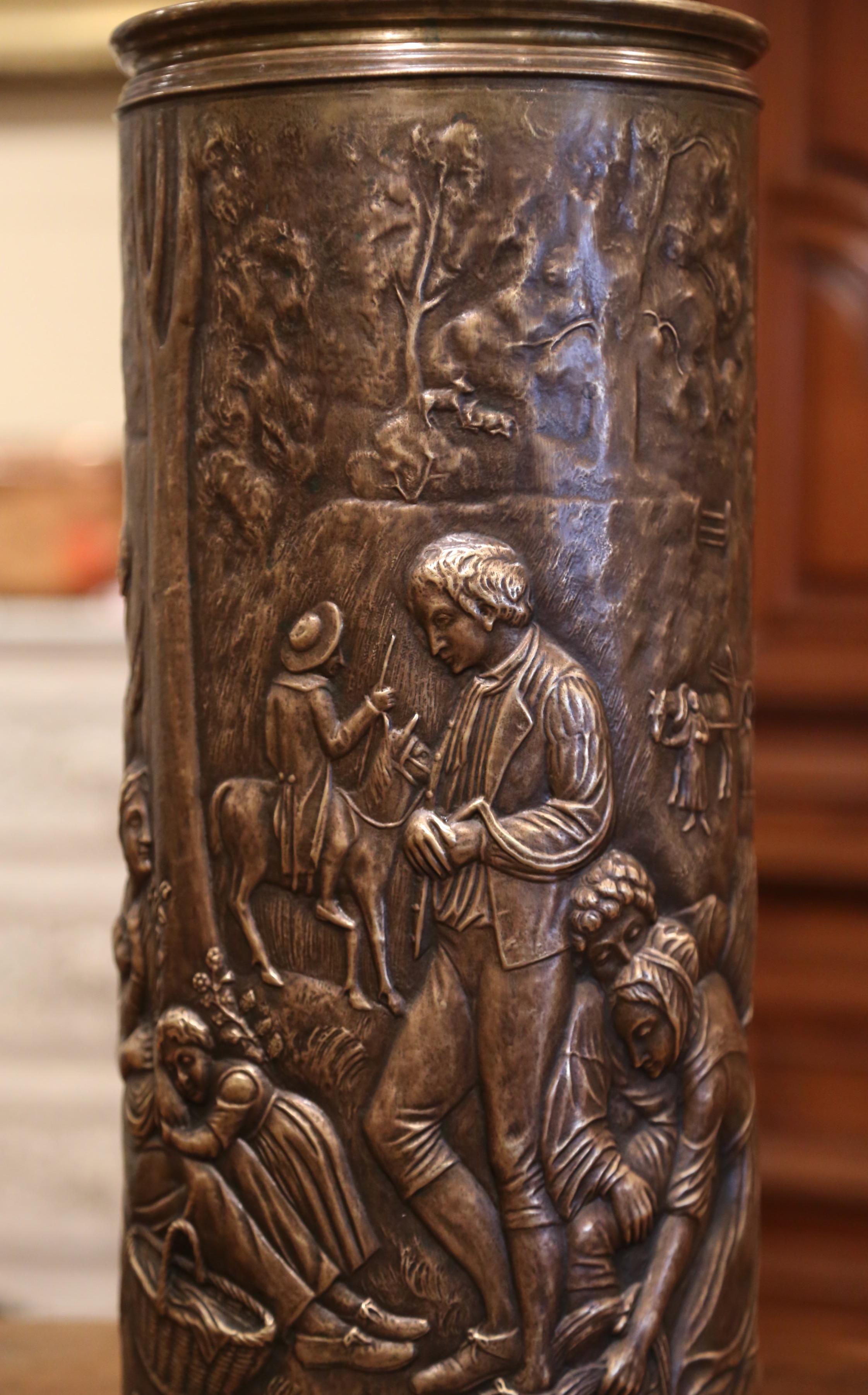 Patinated 19th Century French Brass Umbrella Stand with Repousse Pastoral Scene