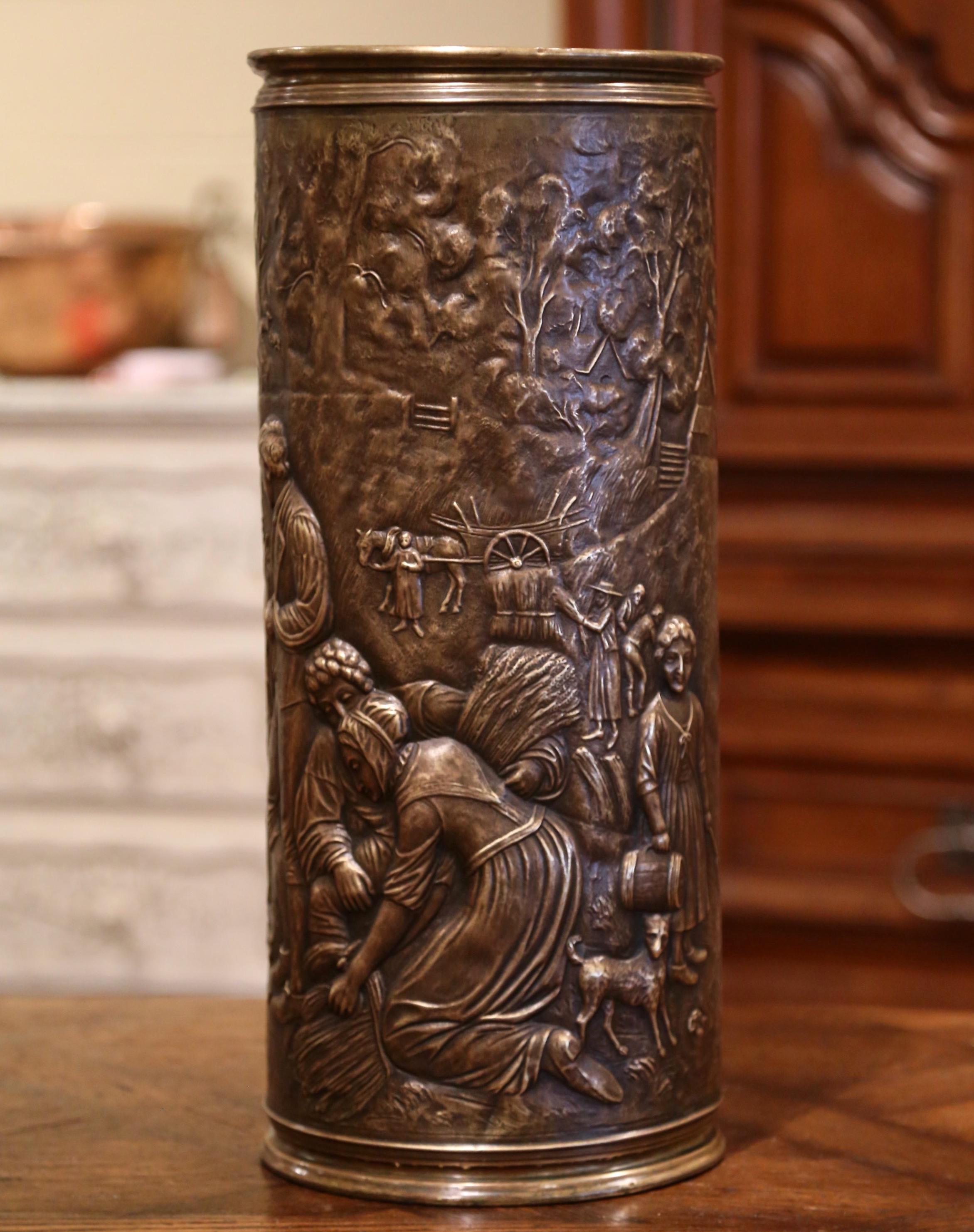 19th Century French Brass Umbrella Stand with Repousse Pastoral Scene In Excellent Condition In Dallas, TX
