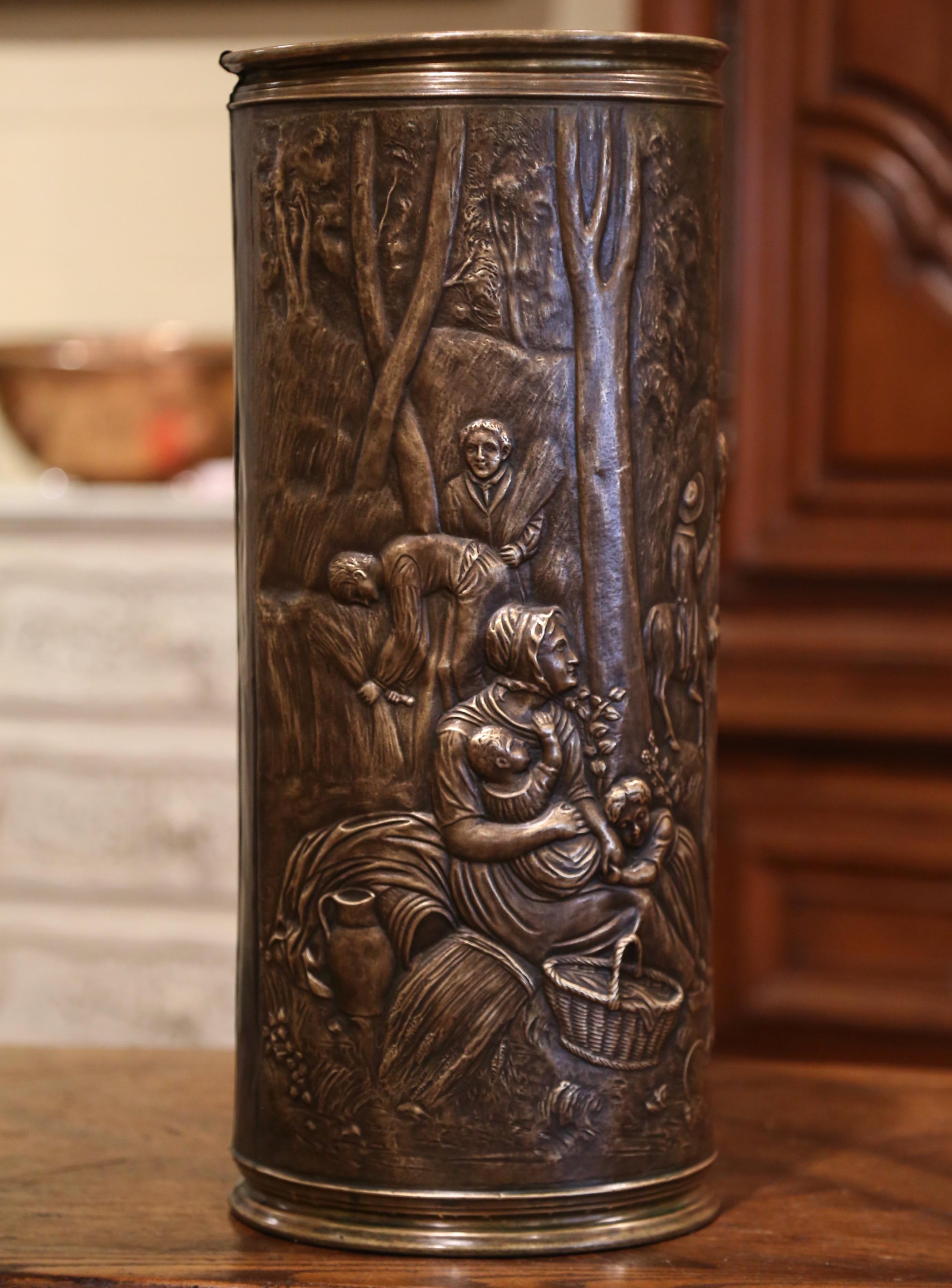 19th Century French Brass Umbrella Stand with Repousse Pastoral Scene 1