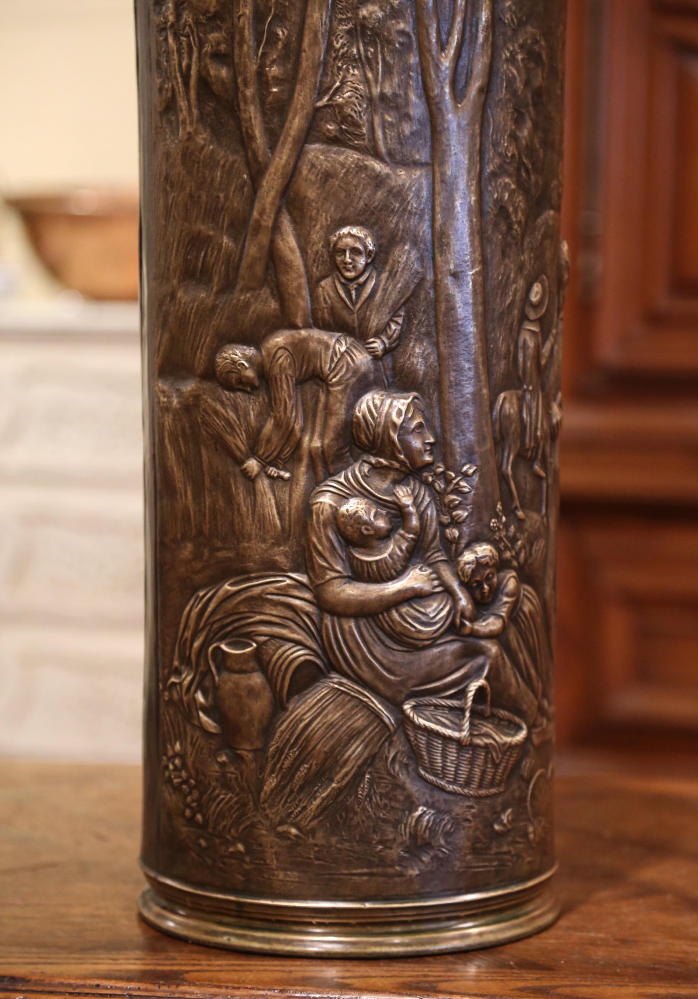19th Century French Brass Umbrella Stand with Repousse Pastoral Scene 2