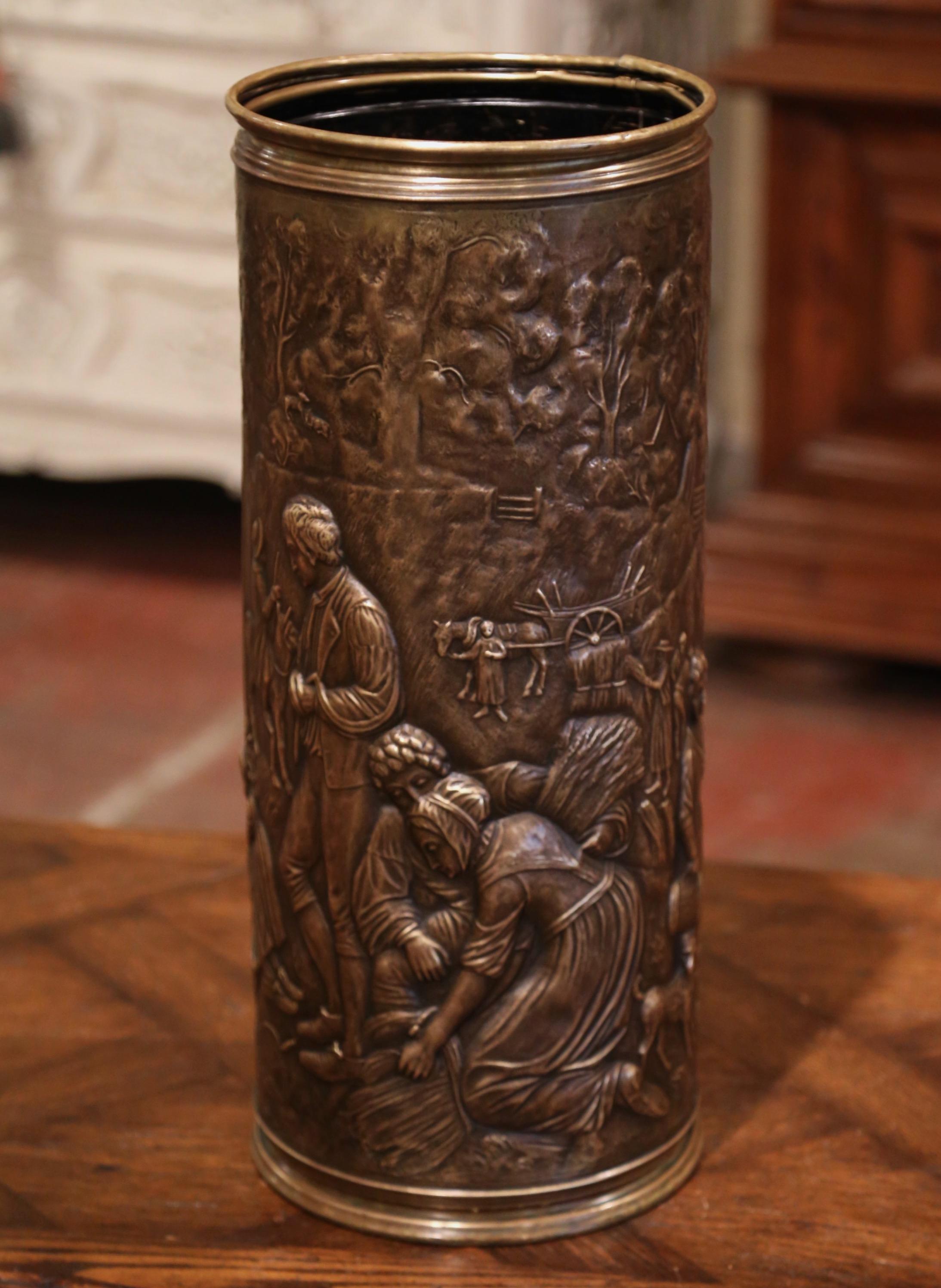 19th Century French Brass Umbrella Stand with Repousse Pastoral Scene 3
