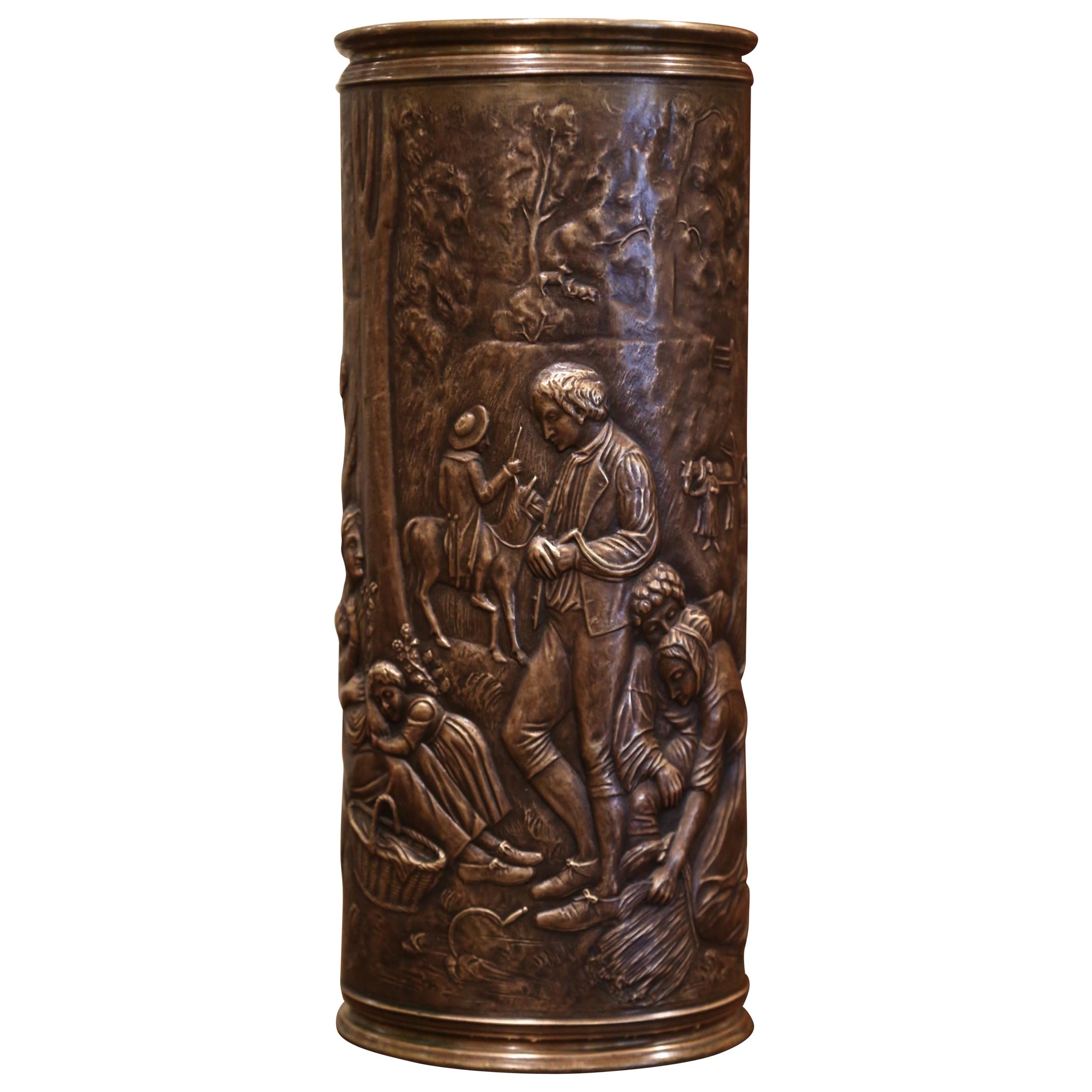19th Century French Brass Umbrella Stand with Repousse Pastoral Scene
