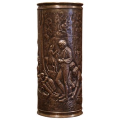 19th Century French Brass Umbrella Stand with Repousse Pastoral Scene