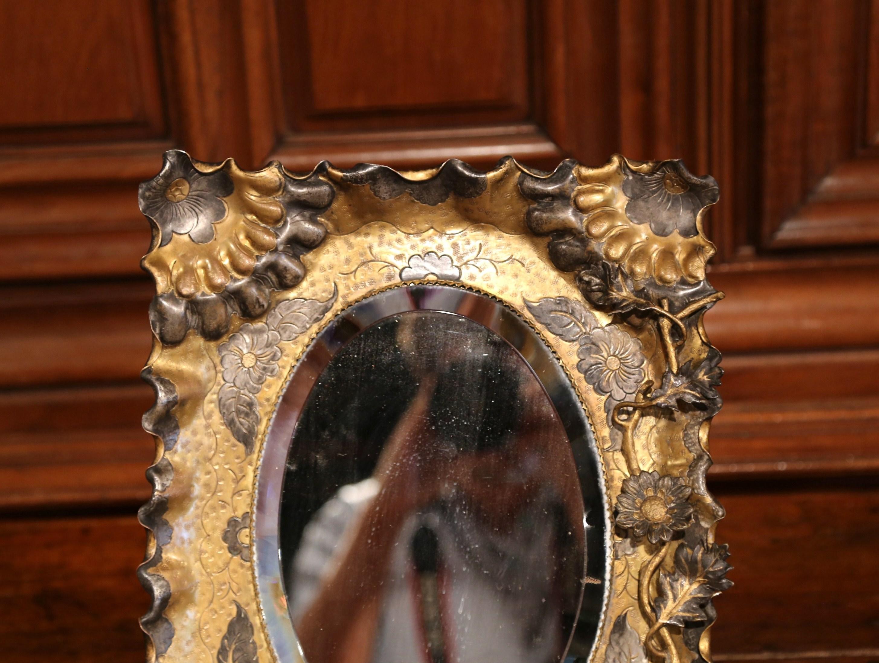 Napoleon III 19th Century French Brass Vanity Mirror with Floral Motif and Oval Beveled Glass