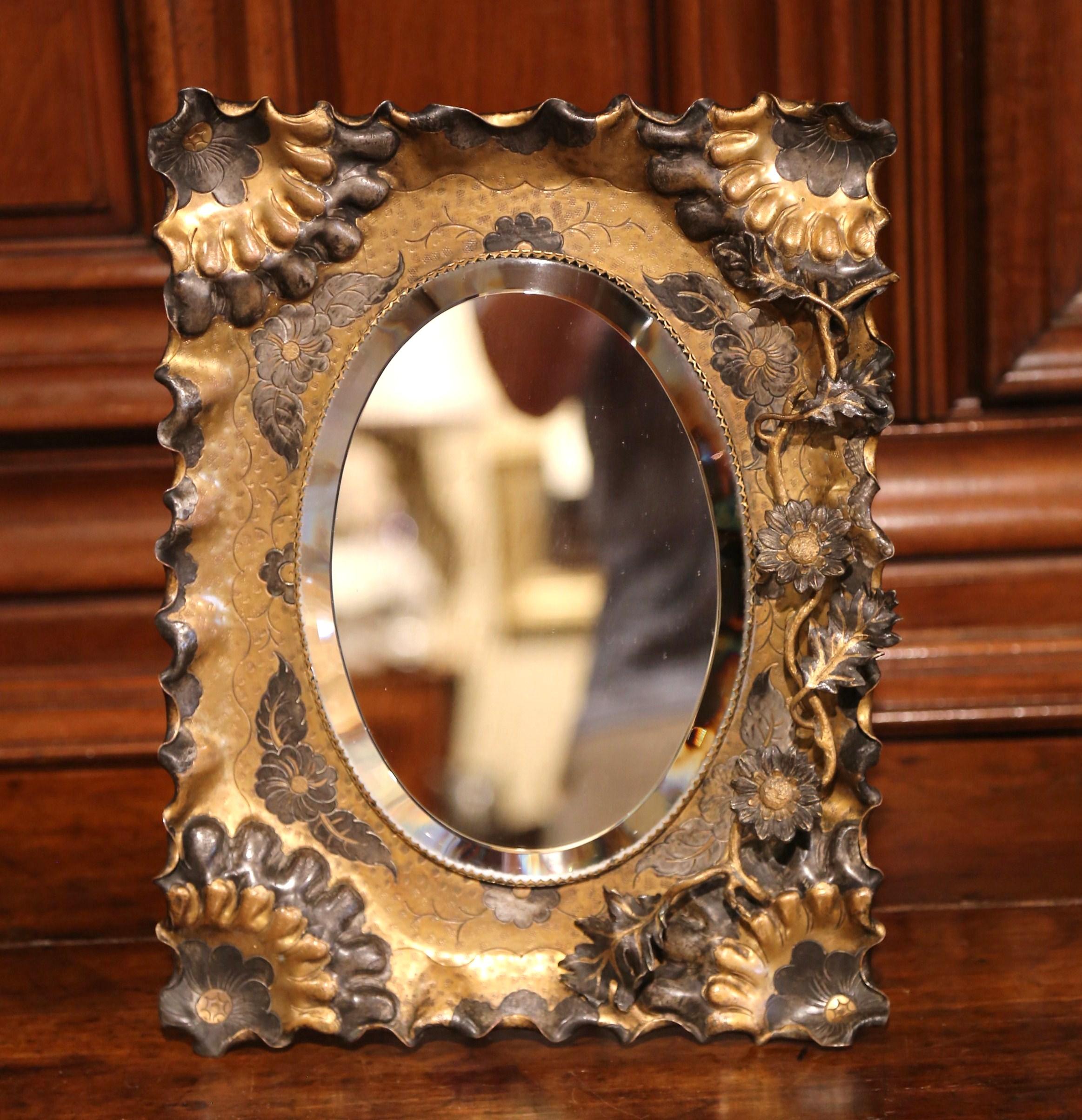 19th Century French Brass Vanity Mirror with Floral Motif and Oval Beveled Glass In Excellent Condition In Dallas, TX