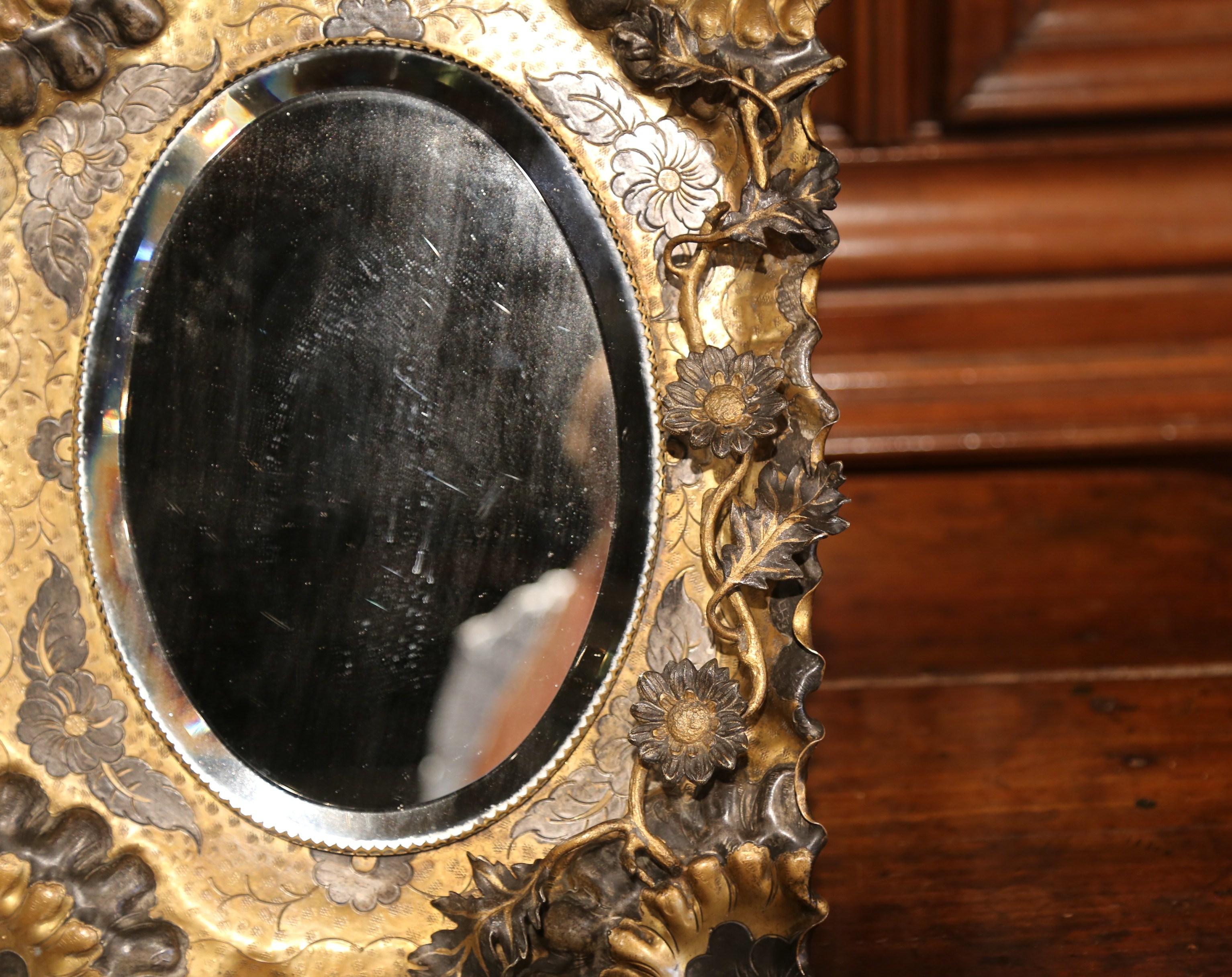 19th Century French Brass Vanity Mirror with Floral Motif and Oval Beveled Glass 1