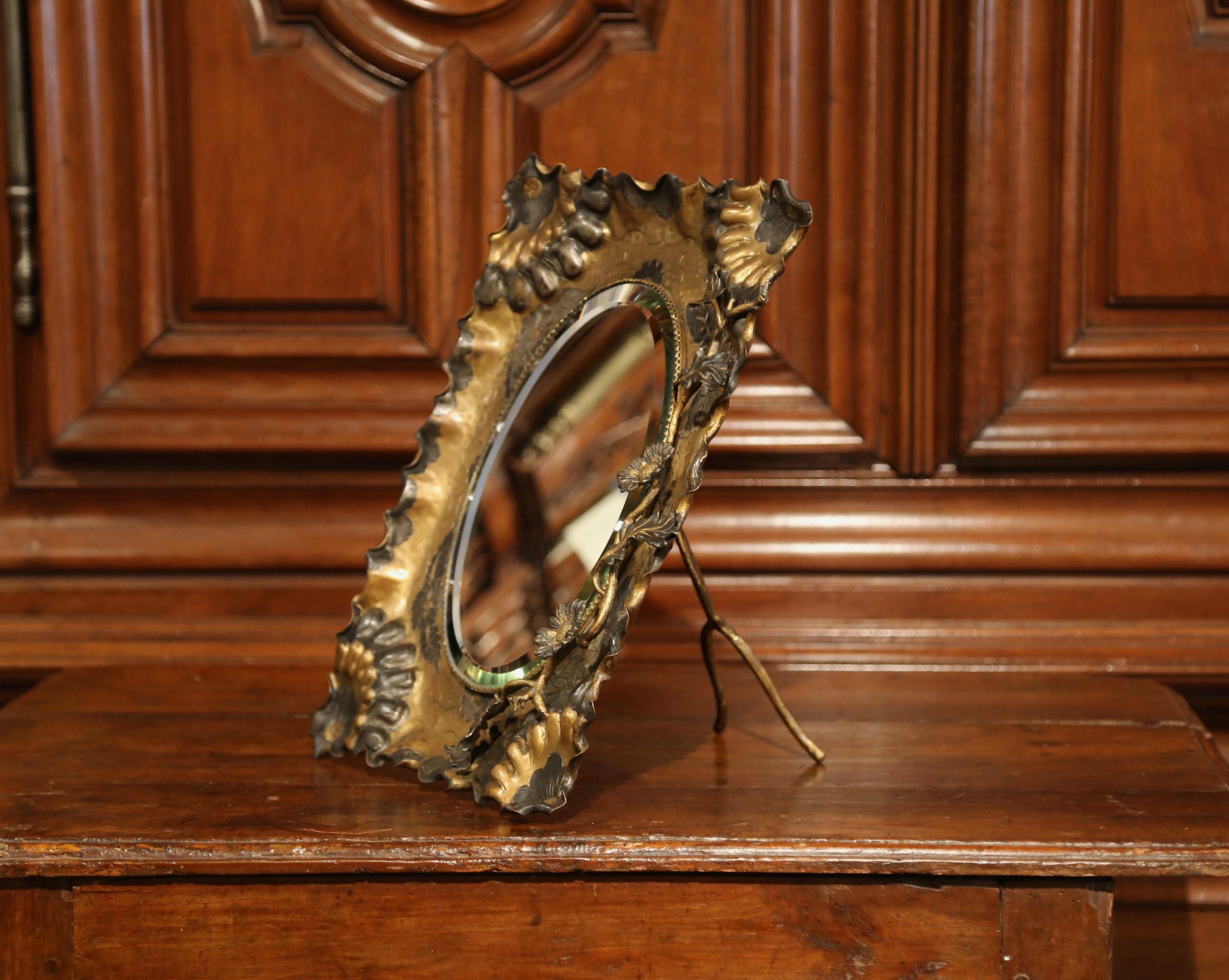 19th Century French Brass Vanity Mirror with Floral Motif and Oval Beveled Glass 2
