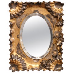 19th Century French Brass Vanity Mirror with Floral Motif and Oval Beveled Glass