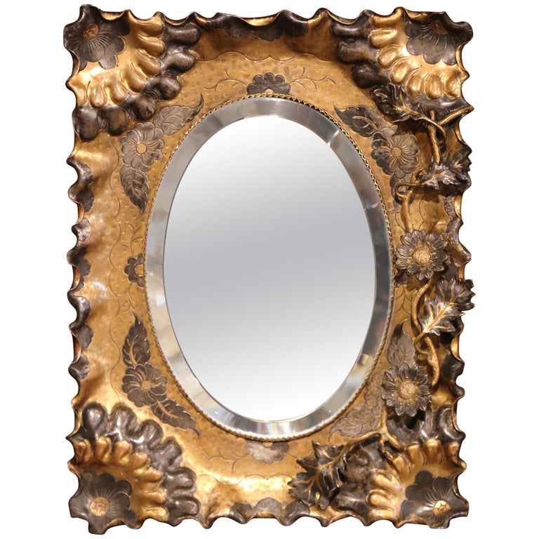 19th Century French Brass Vanity Mirror with Floral Motif and Oval Beveled Glass For Sale at 1stdibs