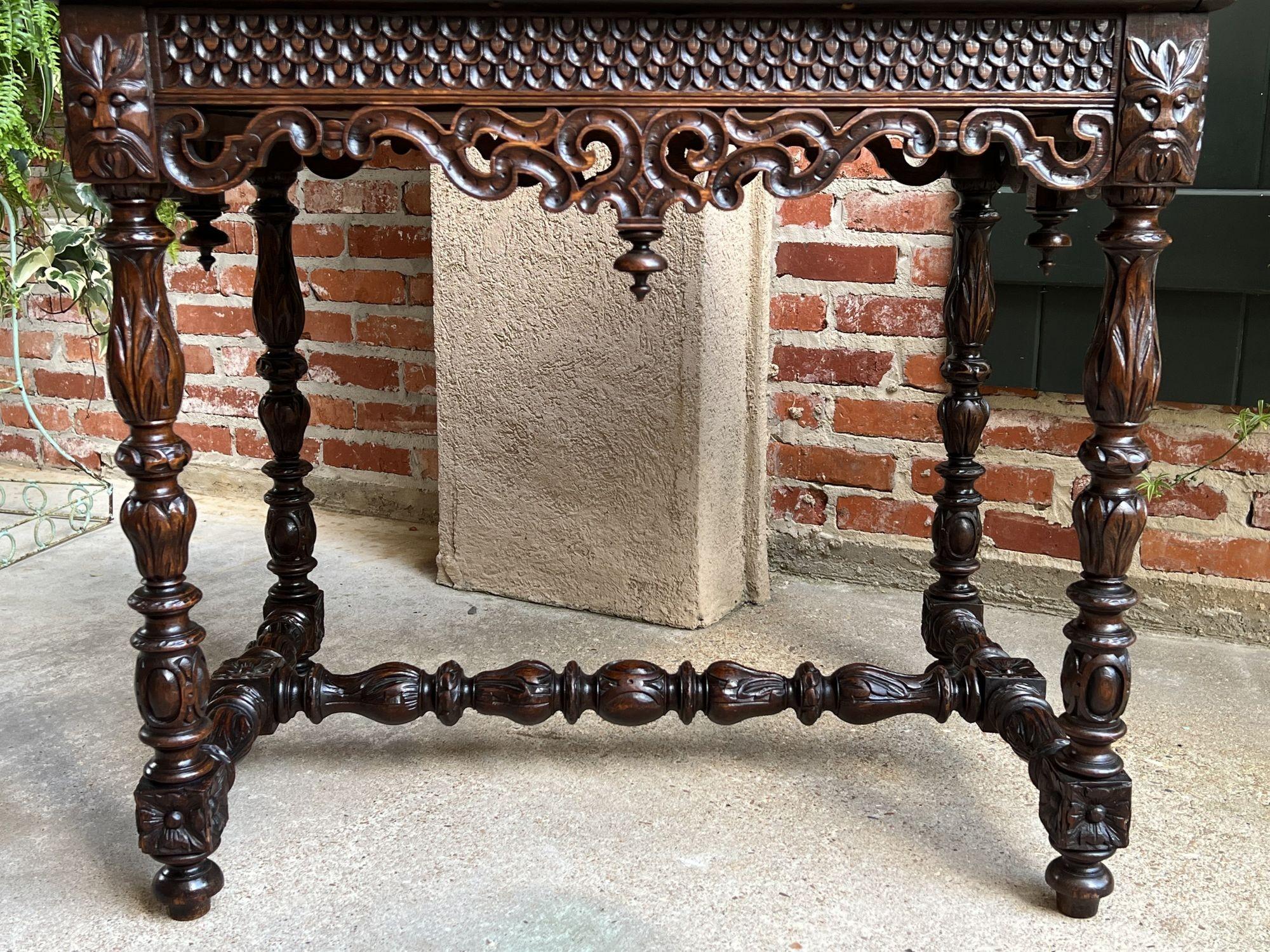 Antique French Breton Carved Oak Sofa Table Writing Library Desk Louis XIV For Sale 4