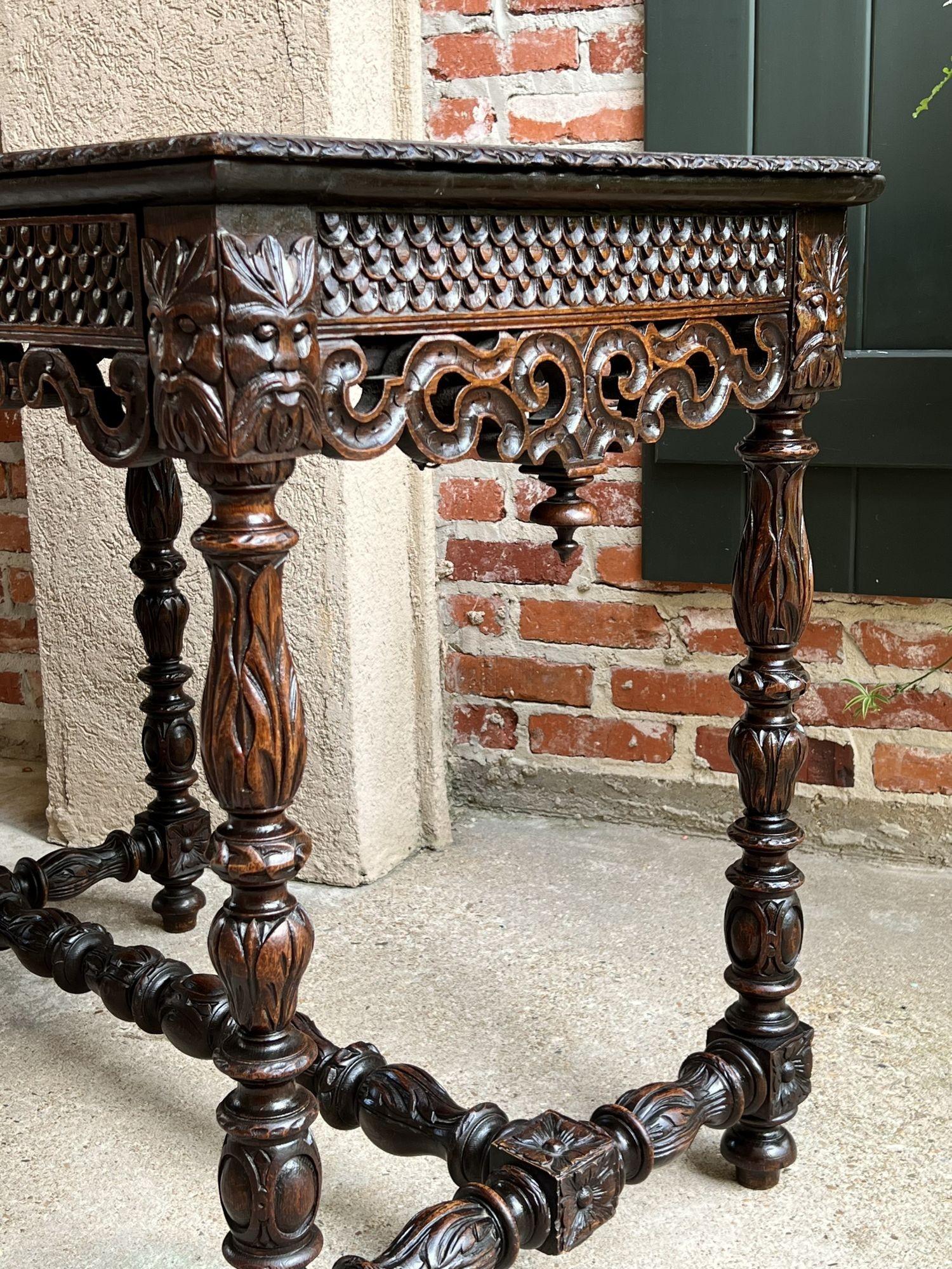 Antique French Breton Carved Oak Sofa Table Writing Library Desk Louis XIV For Sale 9