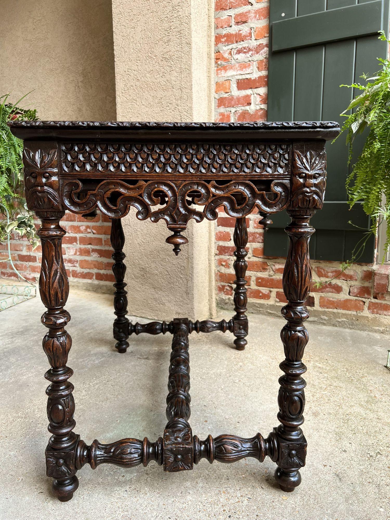 Antique French Breton Carved Oak Sofa Table Writing Library Desk Louis XIV For Sale 1