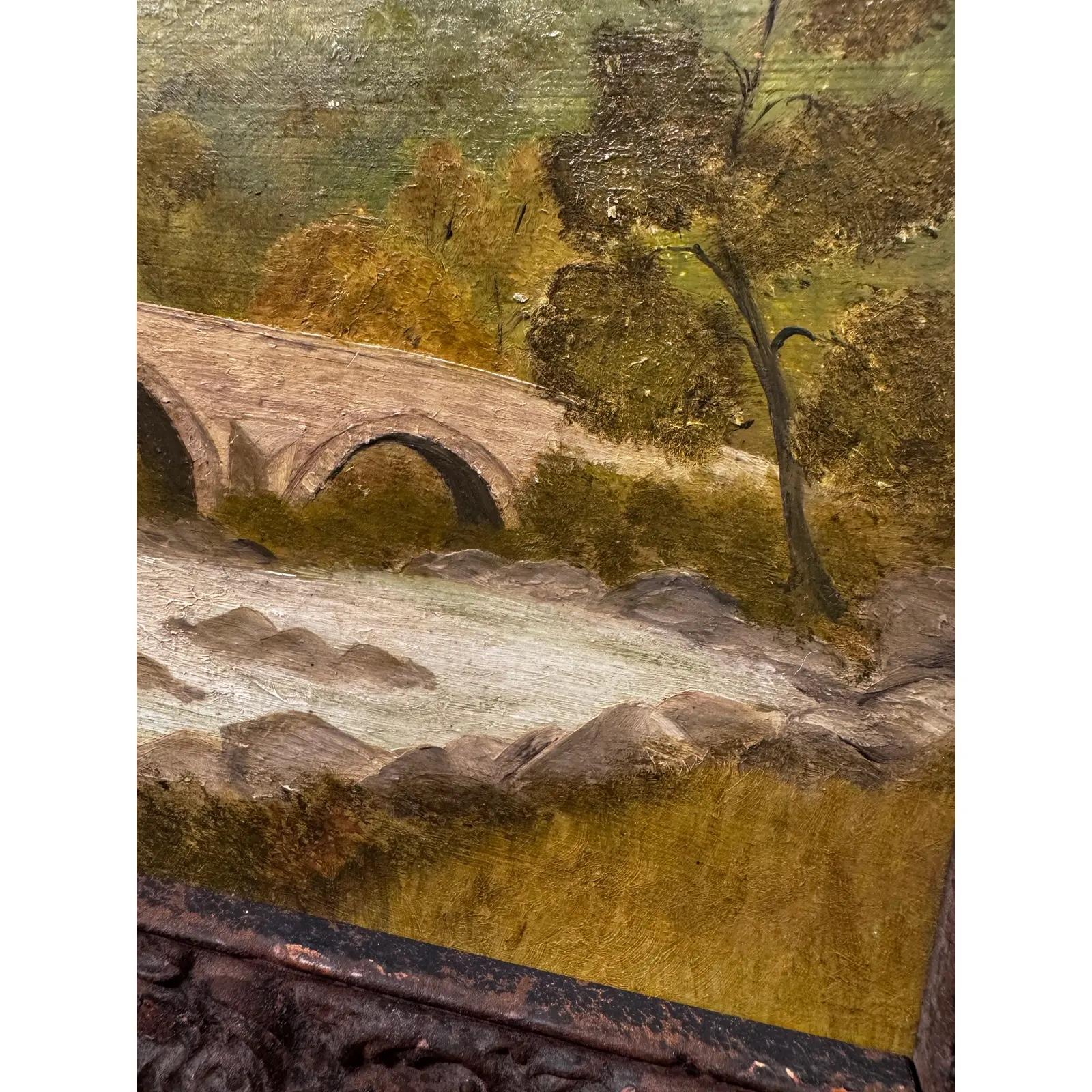 19. Jahrhundert Französische Brücke Öl auf Karton im Angebot 1