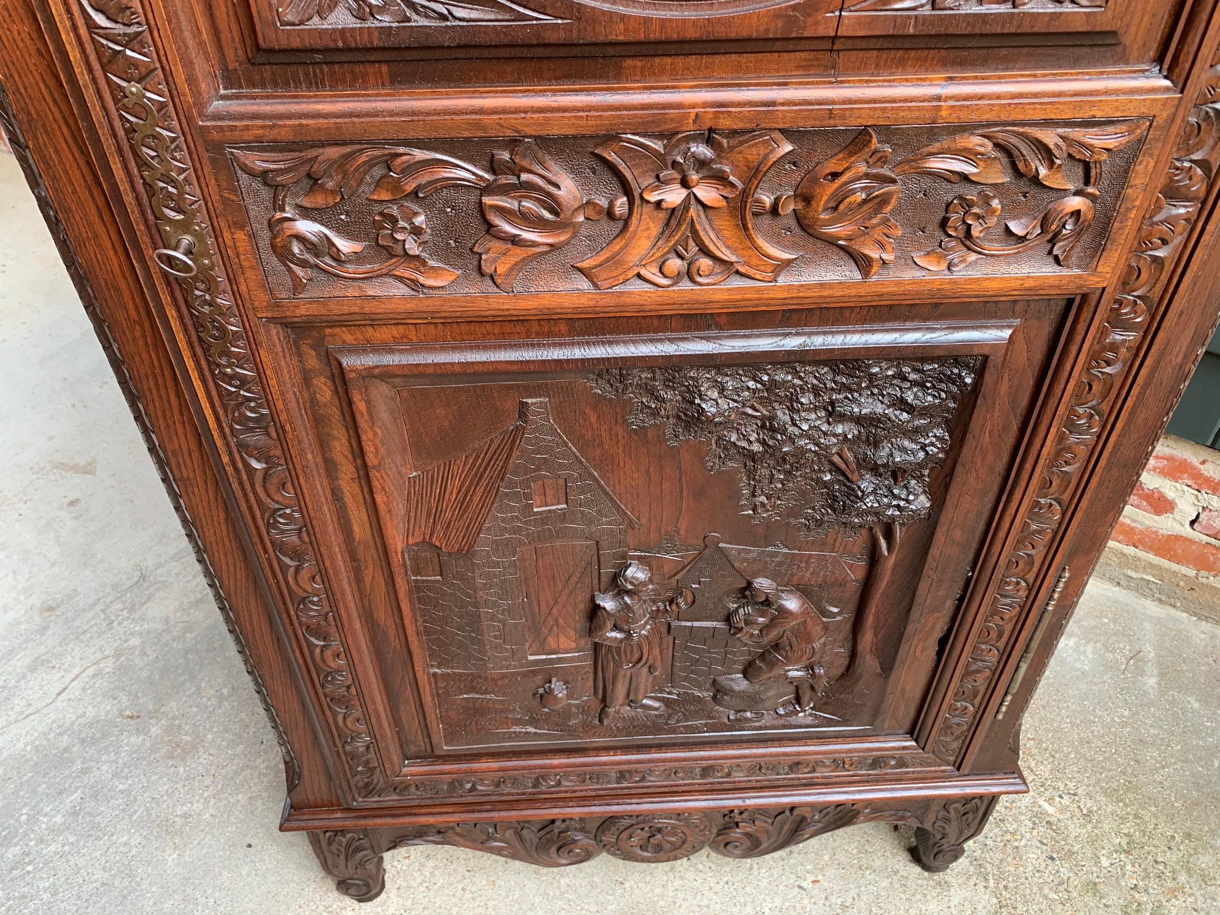 19th Century Antique Carved French Brittany Armoire Bonnetiere Cabinet Wardrobe Chestnut
