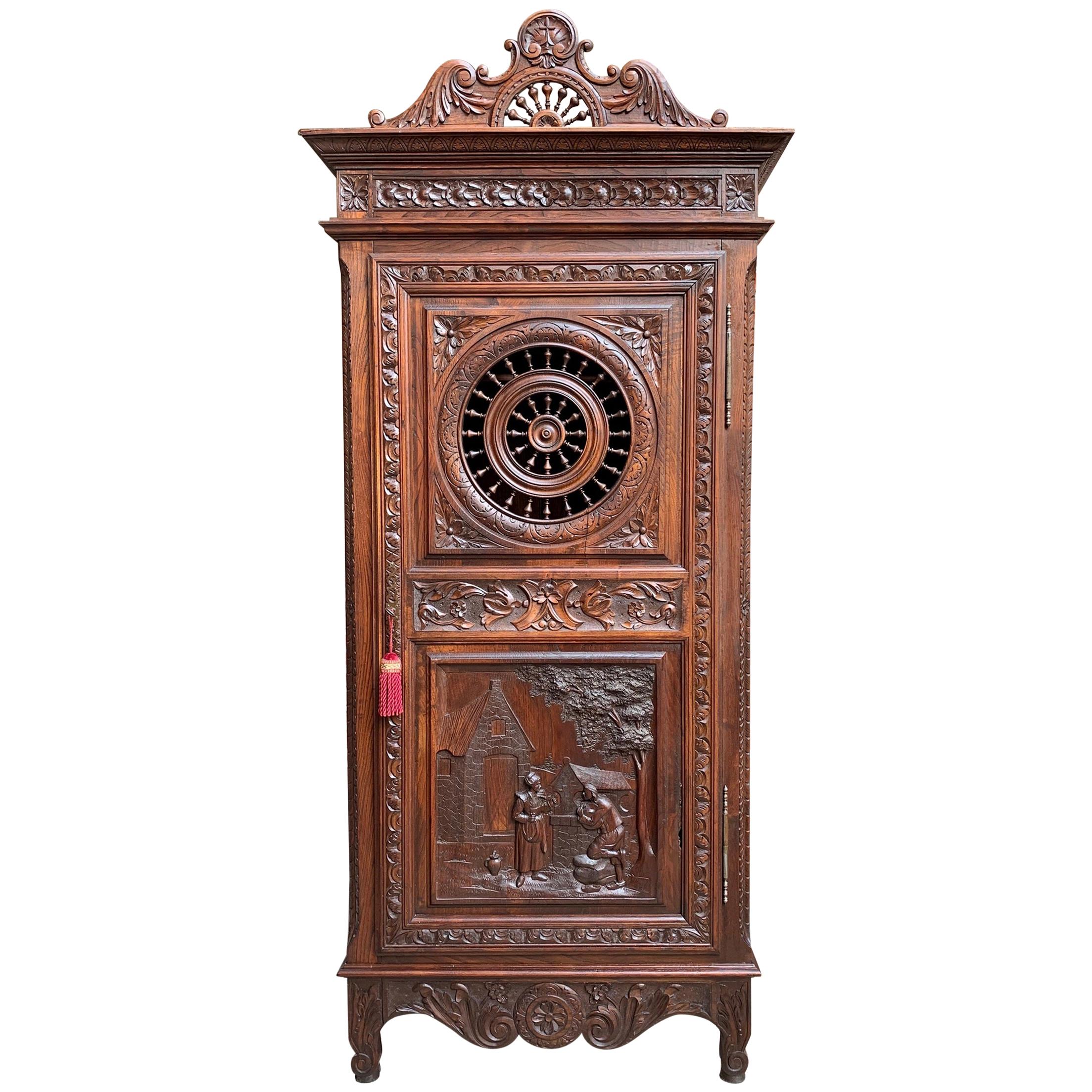 Antique Carved French Brittany Armoire Bonnetiere Cabinet Wardrobe Chestnut