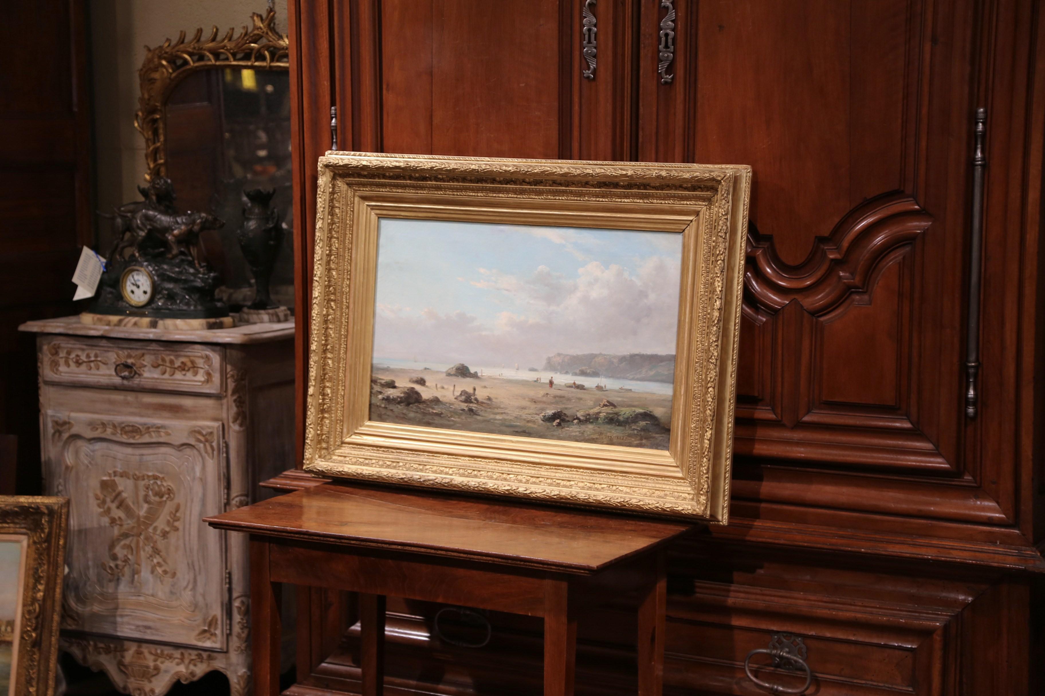 Carved 19th Century French Brittany Coast Landscape Painting Signed Masny Dated 1882