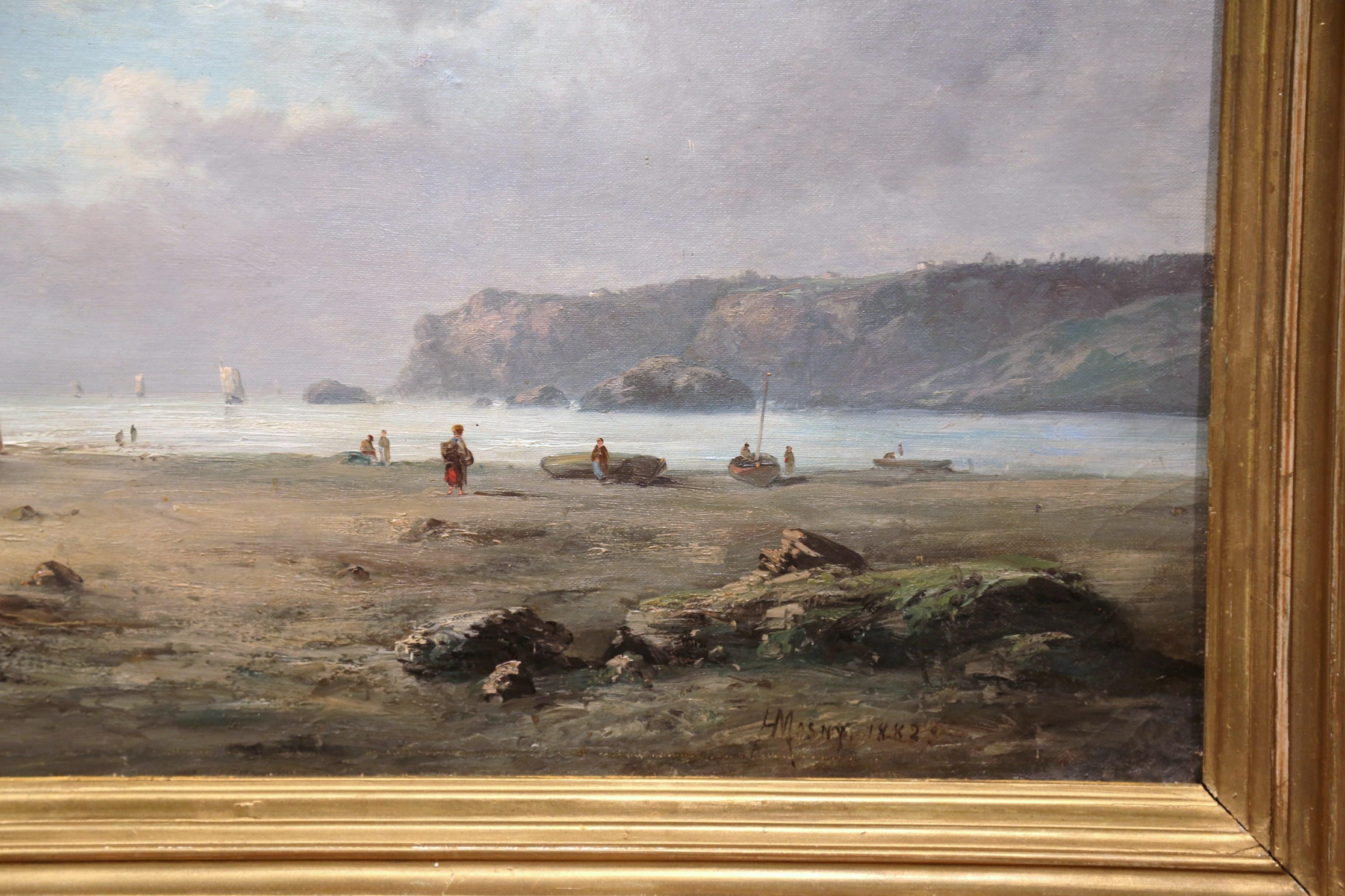 Canvas 19th Century French Brittany Coast Landscape Painting Signed Masny Dated 1882