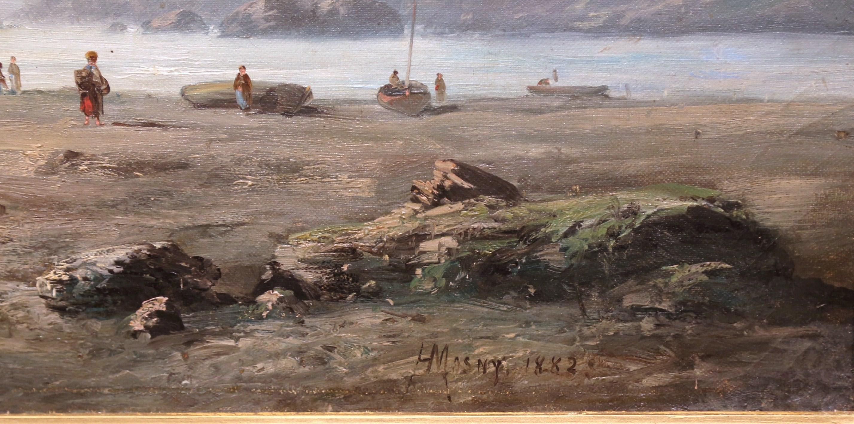 19th Century French Brittany Coast Landscape Painting Signed Masny Dated 1882 1