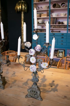 19th Century French Bronze 5-Arm Candelabra w/ Porcelain Flowers