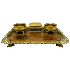 19th Century French Bronze and Burl Wood Desk Set
