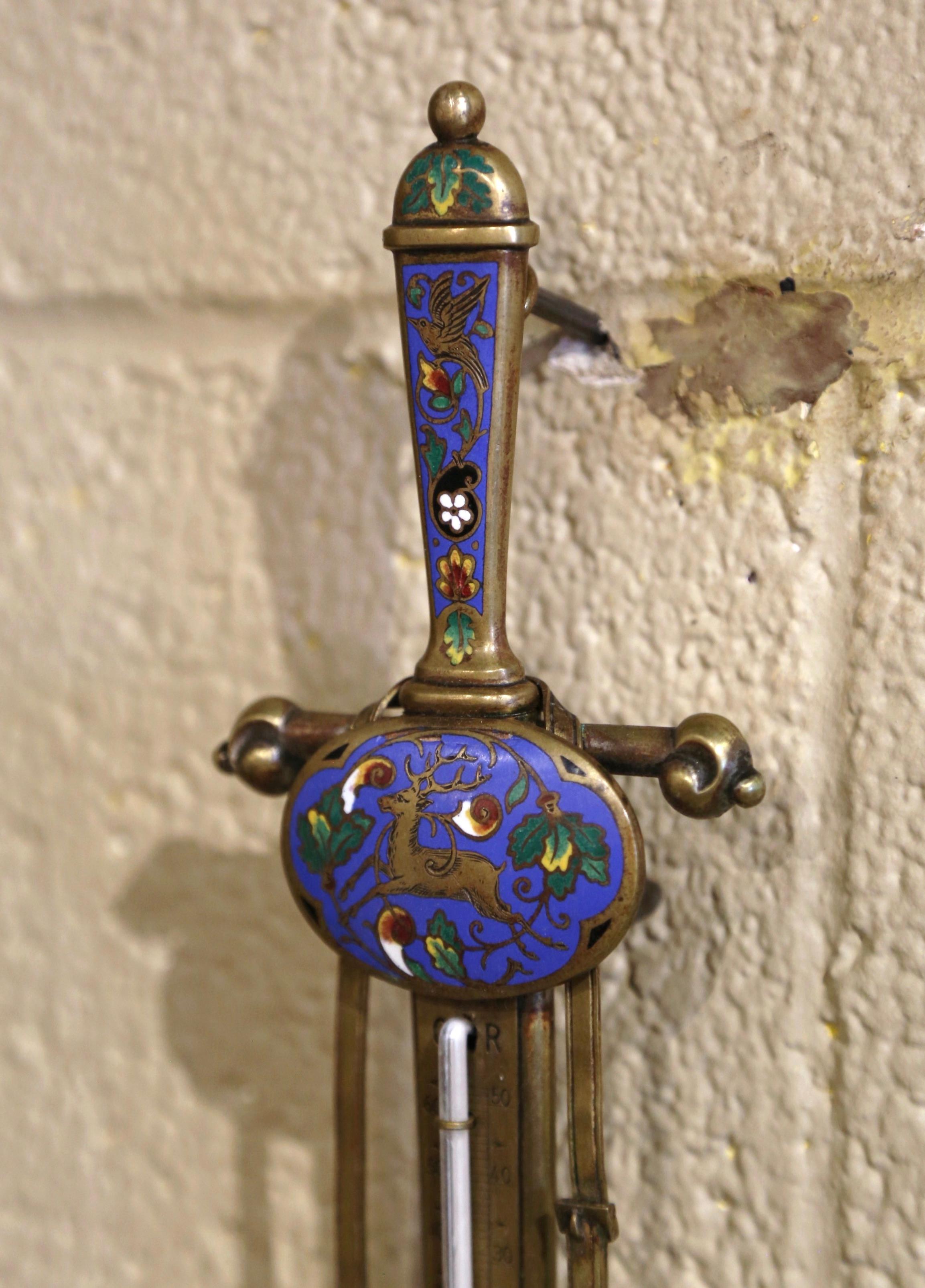 Champlevé 19th Century French Bronze and Cloisonne Wall Barometer and Letter Holder For Sale