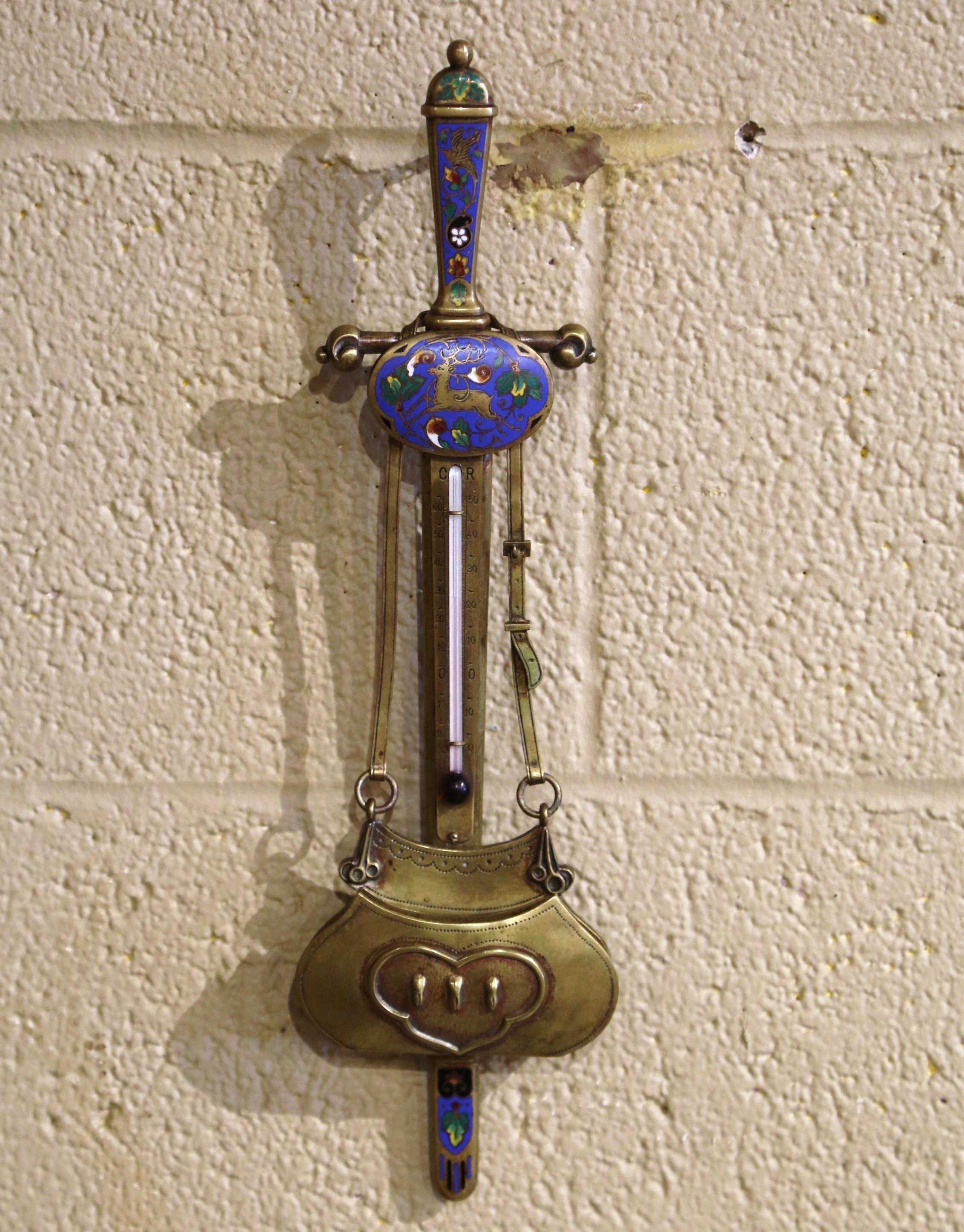 19th Century French Bronze and Cloisonne Wall Barometer and Letter Holder In Excellent Condition For Sale In Dallas, TX