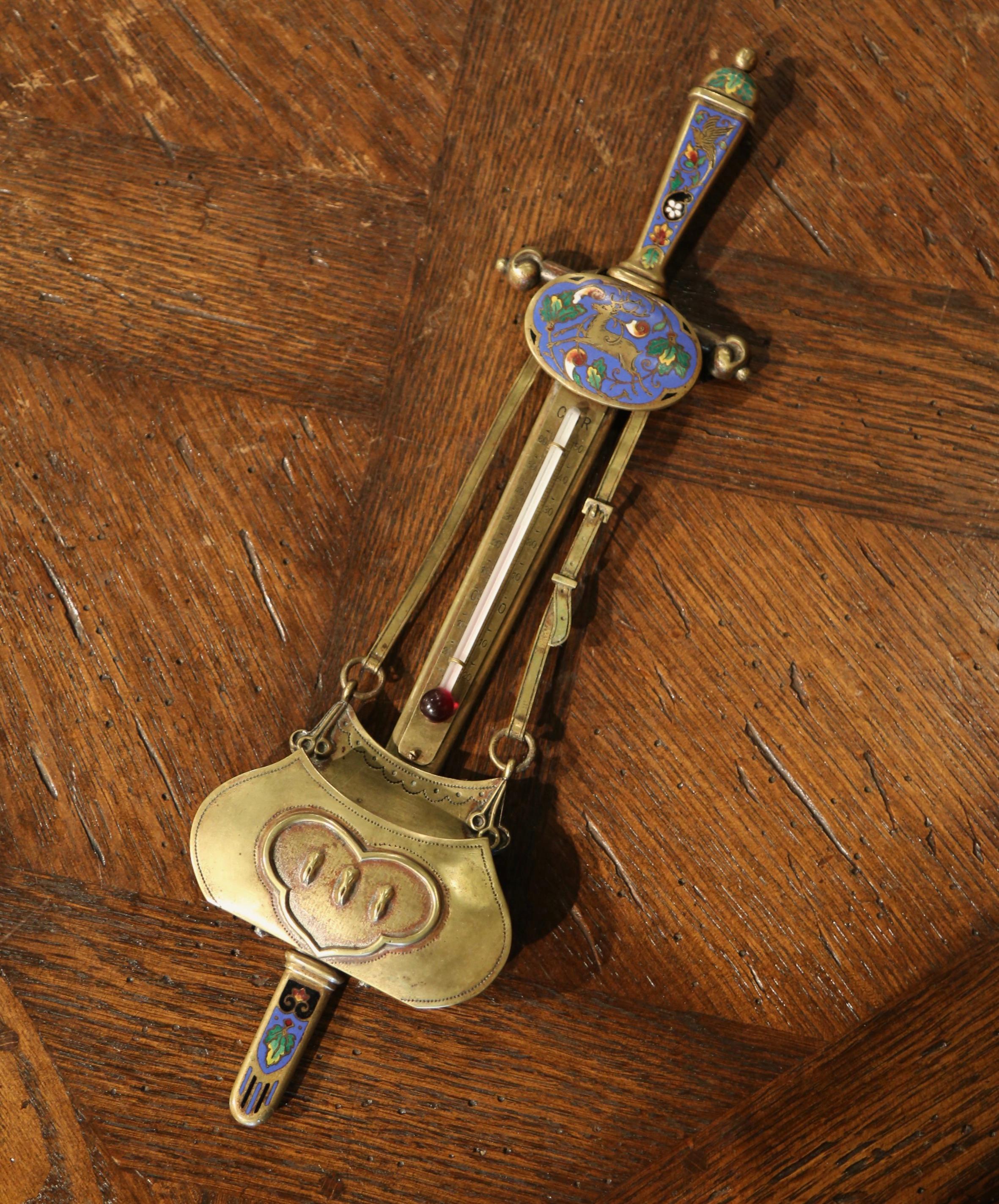 19th Century French Bronze and Cloisonne Wall Barometer and Letter Holder For Sale 5