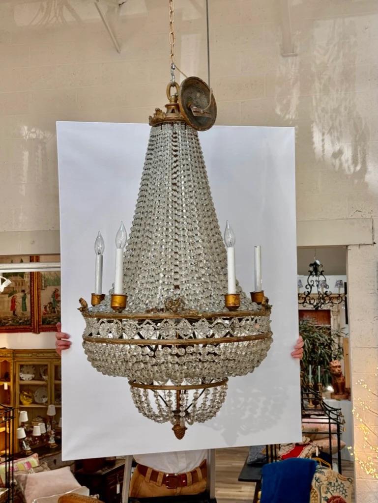 French bronze ormolu and crystal 19th Century chandelier, Empire style. 41” h. x 21” diam.  Six lights.  More Details to Come.


