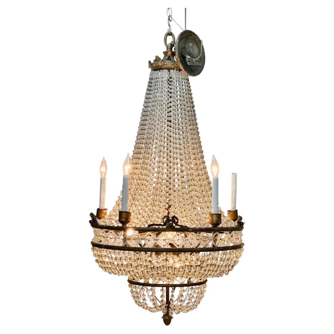 19th Century French Bronze and Crystal Empire Chandelier For Sale
