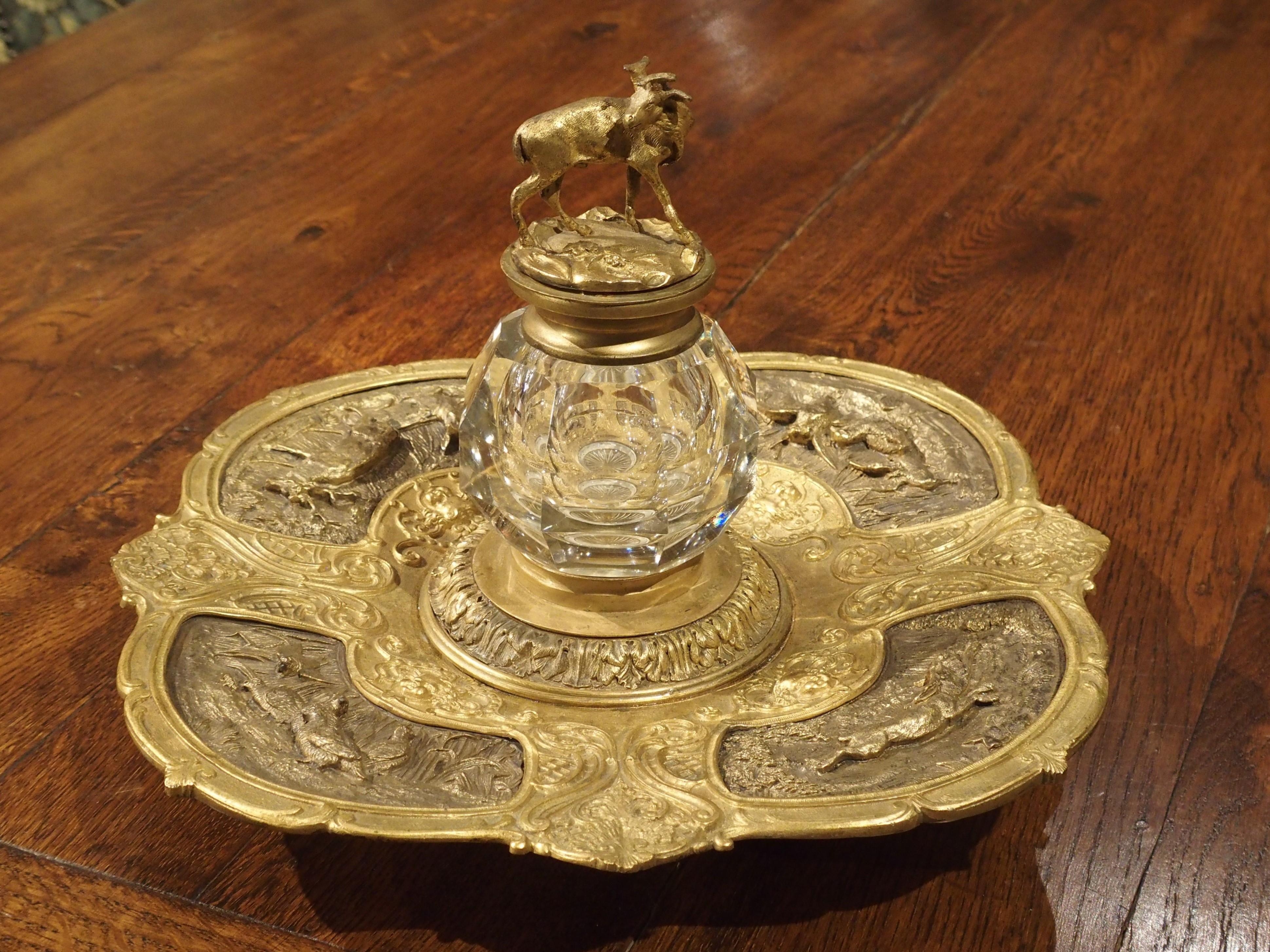 19th Century French Bronze and Crystal Inkwell with Animal Motifs 4