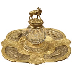 Antique 19th Century French Bronze and Crystal Inkwell with Animal Motifs