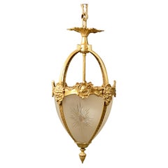 Antique 19th Century French Bronze and Etched Frosted Glass Hall Lantern