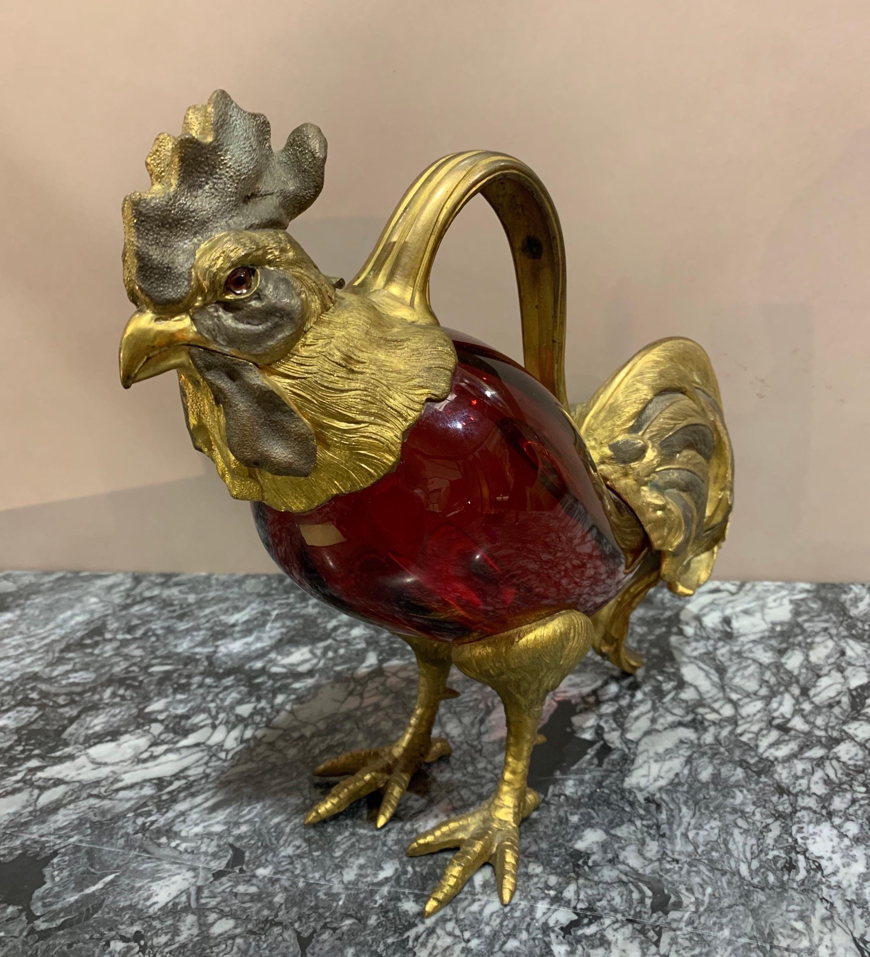 Great quality 19th century French bronze and glass rooster claret, possibly by Baccarat. The roosters mouth opens to reveal a cork.