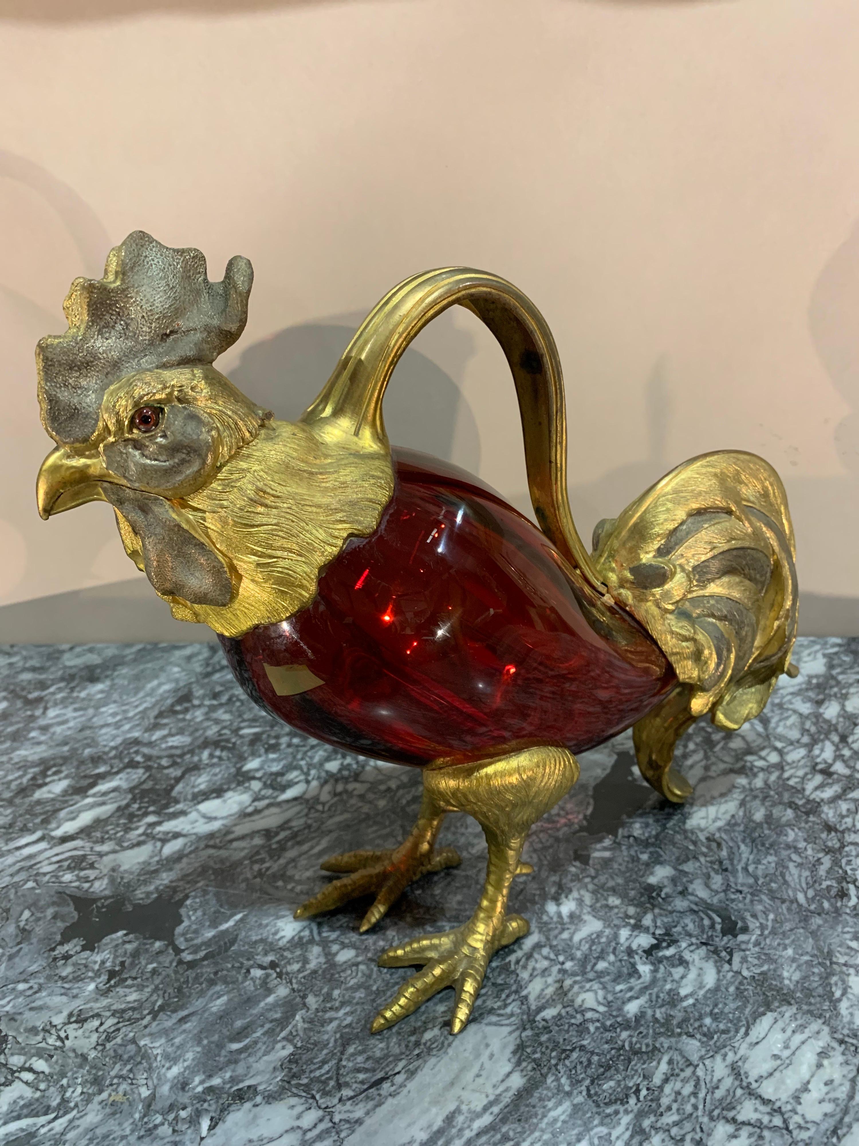 19th Century French Bronze and Glass Rooster Claret 3