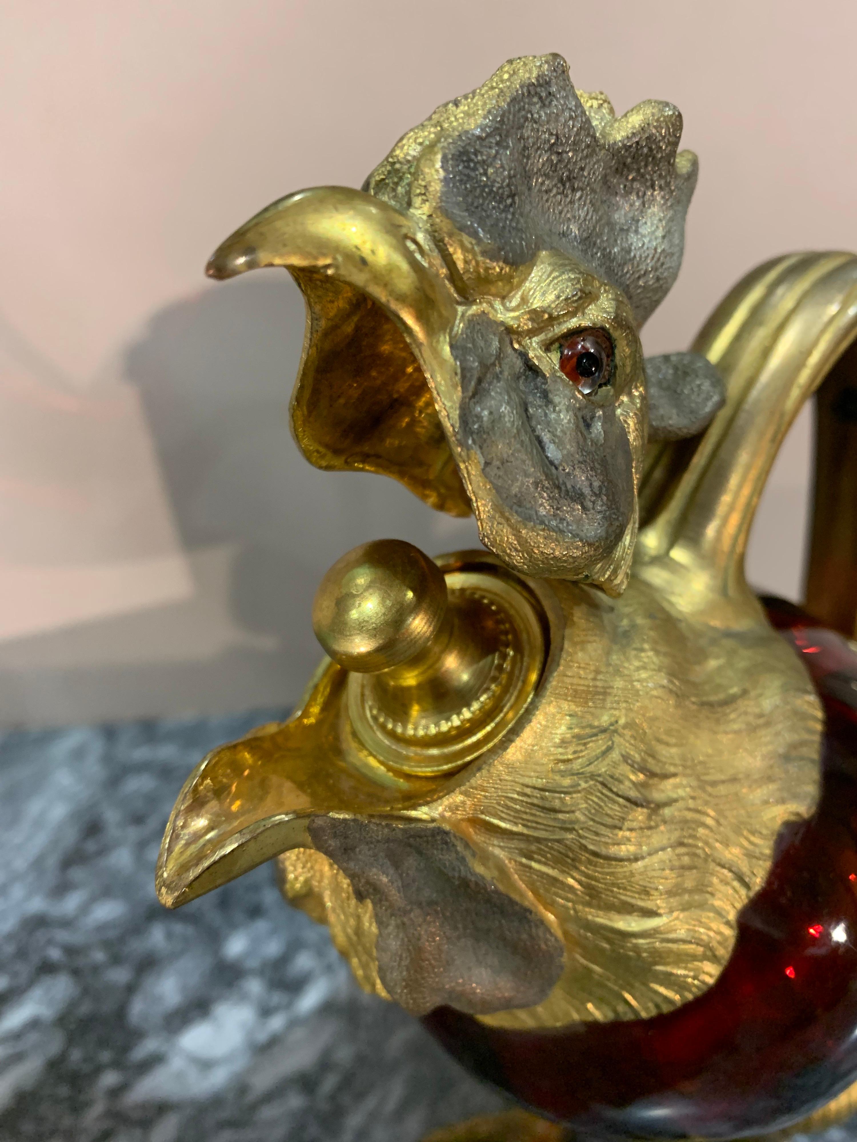 19th Century French Bronze and Glass Rooster Claret 4