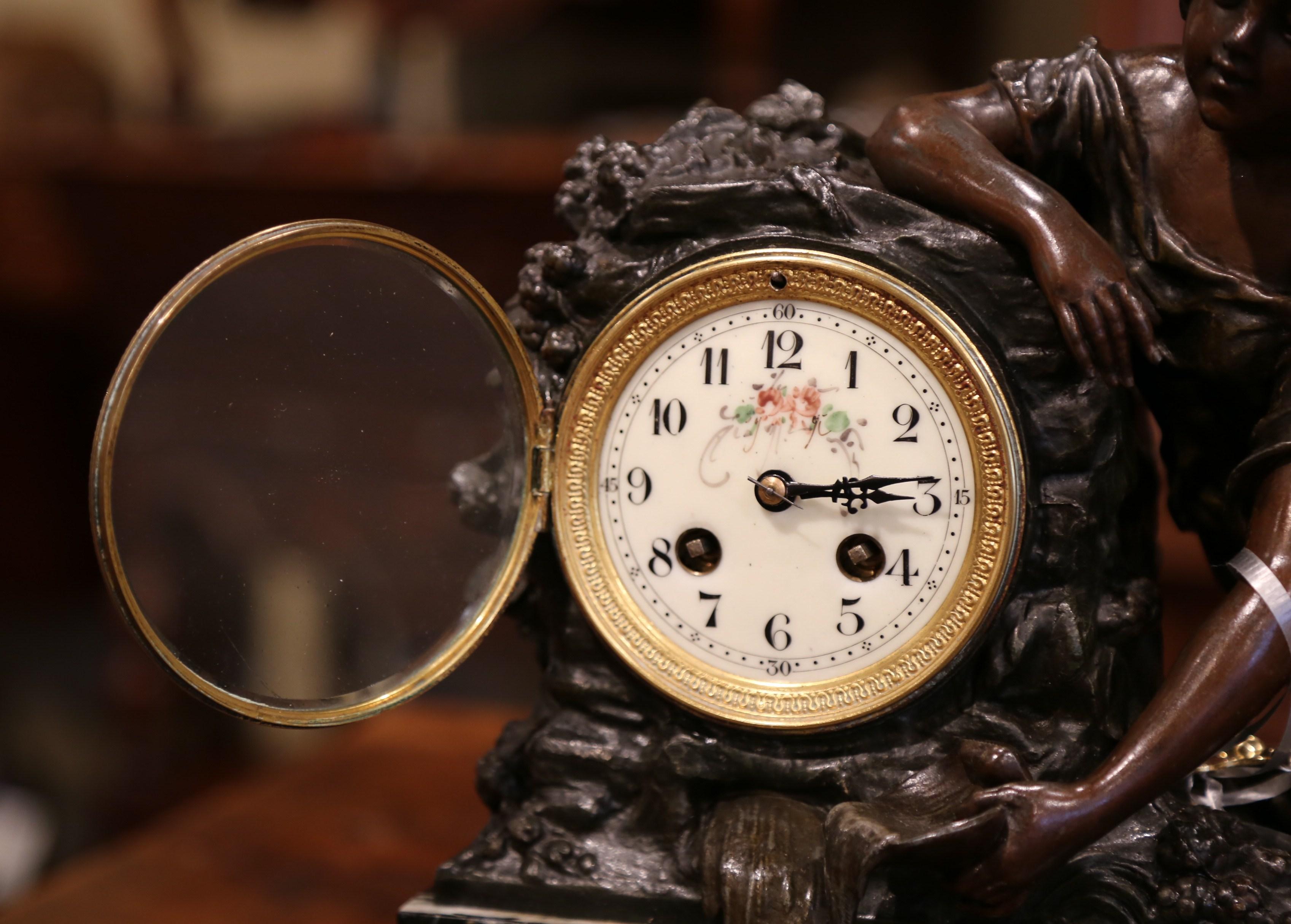 19th Century French Bronze and Marble Mantel Clock Signed L & F Moreau In Excellent Condition In Dallas, TX
