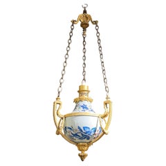 19th Century French Bronze and Pottery Hanging Oil Lamp by Gagneau