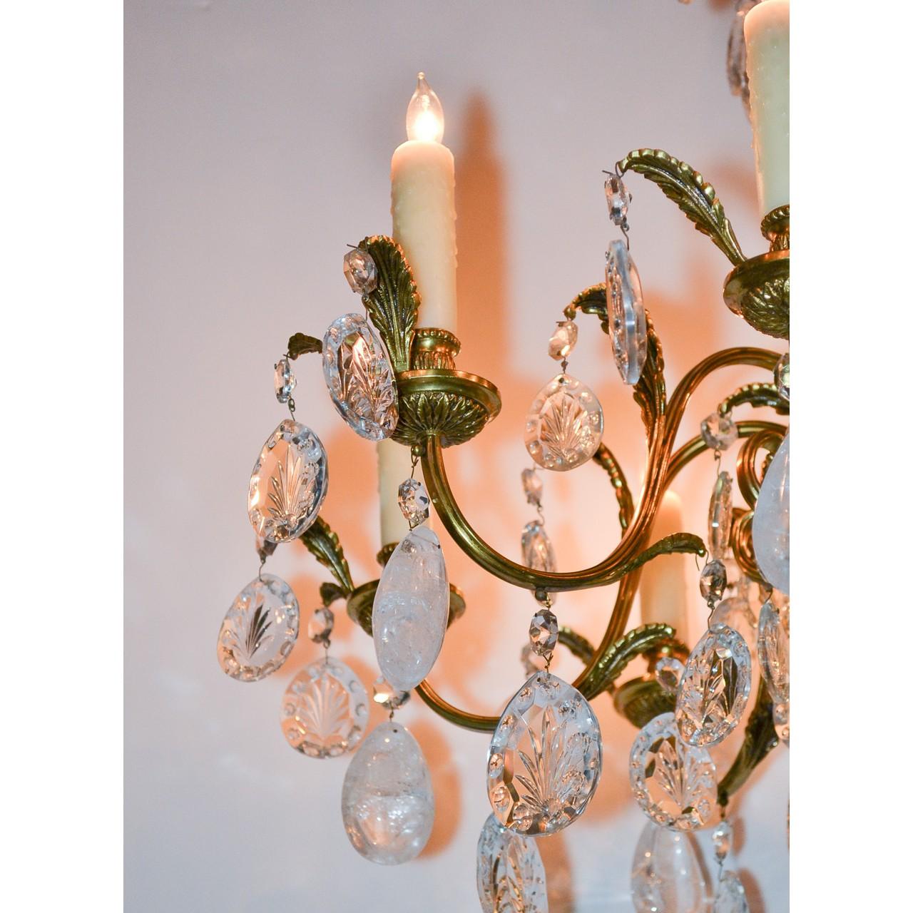 Carved 19th Century French Bronze and Rock Crystal Chandelier
