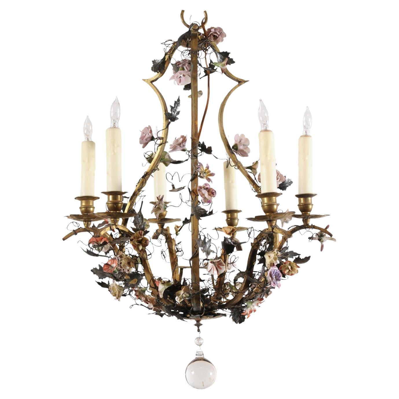 19th Century French Bronze Basket with 6 Lights & Porcelain Painted Flowers