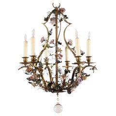 19th Century French Bronze Basket with 6 Lights & Porcelain Painted Flowers