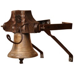 Antique 19th Century French Bronze Bell with Original Metal and Oak Wall Bracket