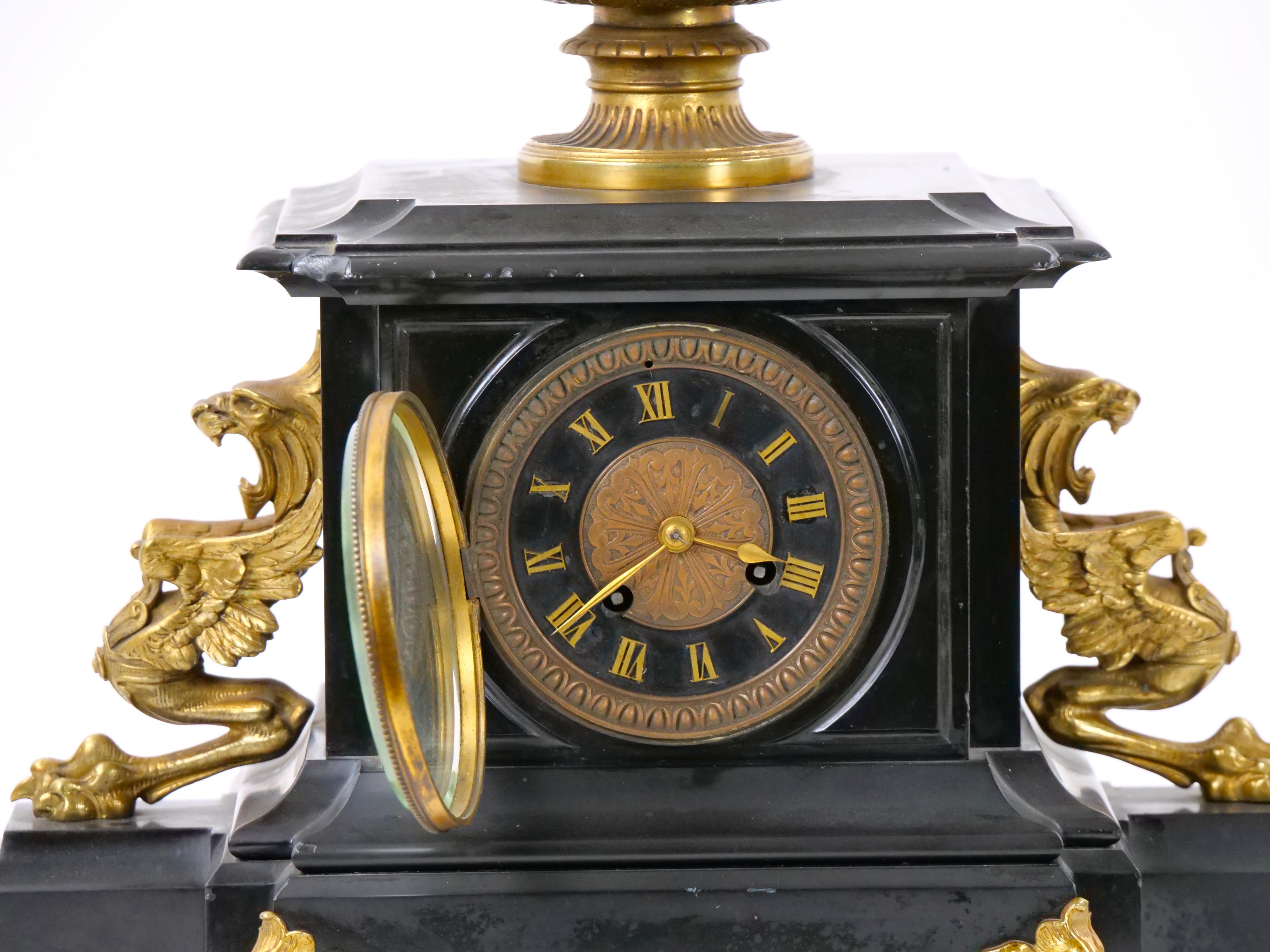 19th Century French Bronze & Black Marble Figural Mantel Clock In Good Condition For Sale In Tarry Town, NY