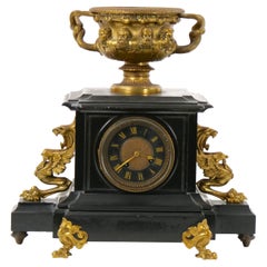 19th Century French Bronze & Black Marble Figural Mantel Clock
