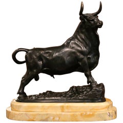 19th Century French Bronze Bull Sculpture on Beige Marble Base Signed Clesinger