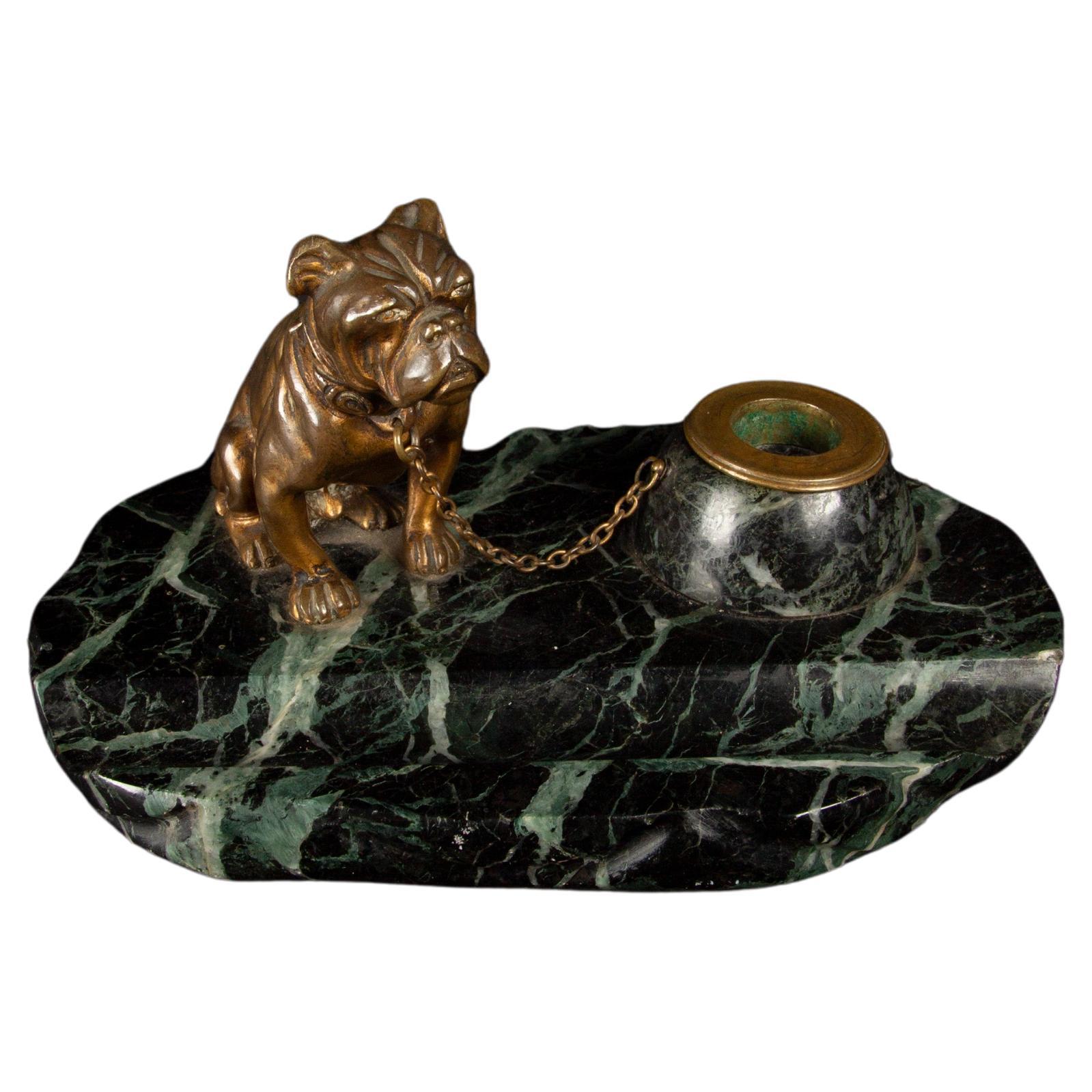 19th-Century French Bronze Bulldog Inkwell by M. Bertin on Marble Base